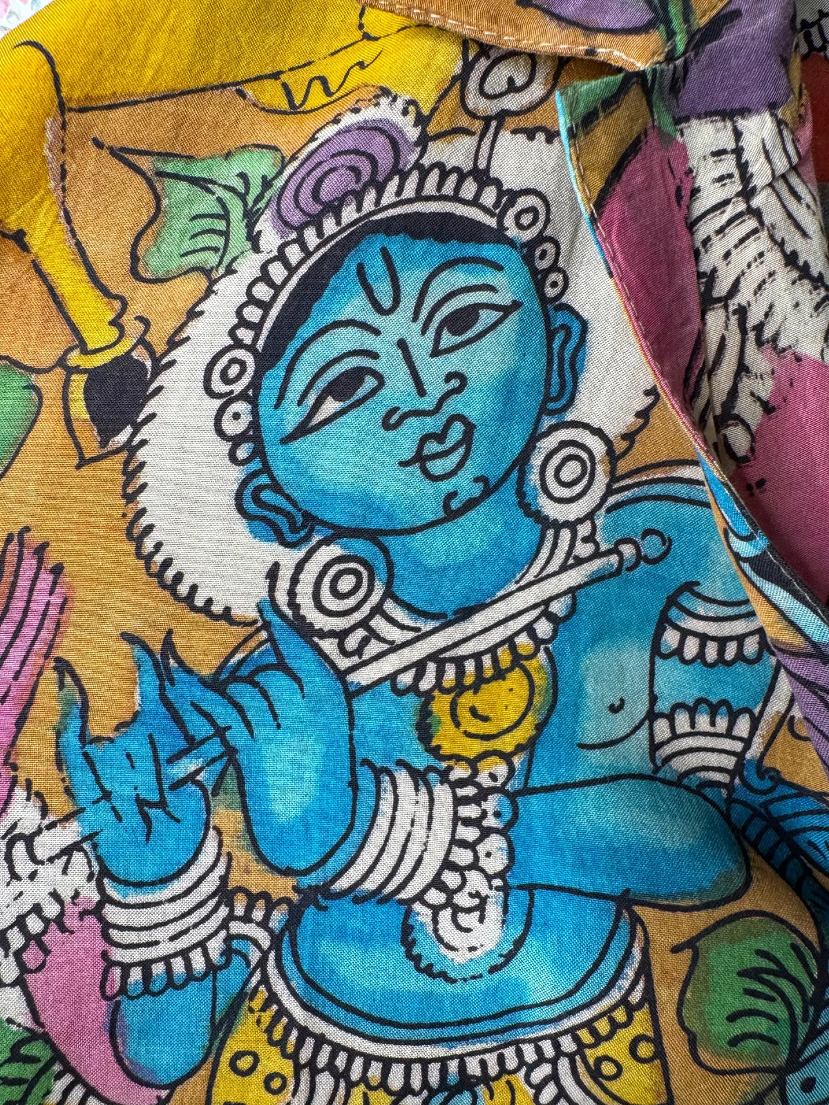 Camicia Etnica Seta Tussar Kalamkari Krishna e Vacche - L