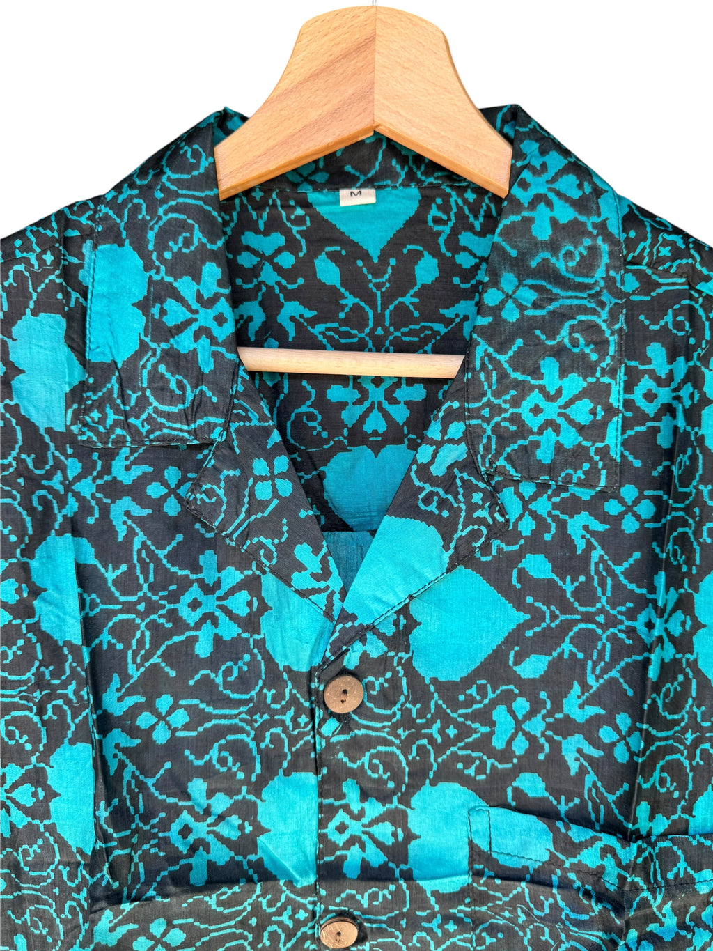 Camicia in Seta Sari Etnica Nero Turchese Medaglioni Unisex - Taglia M