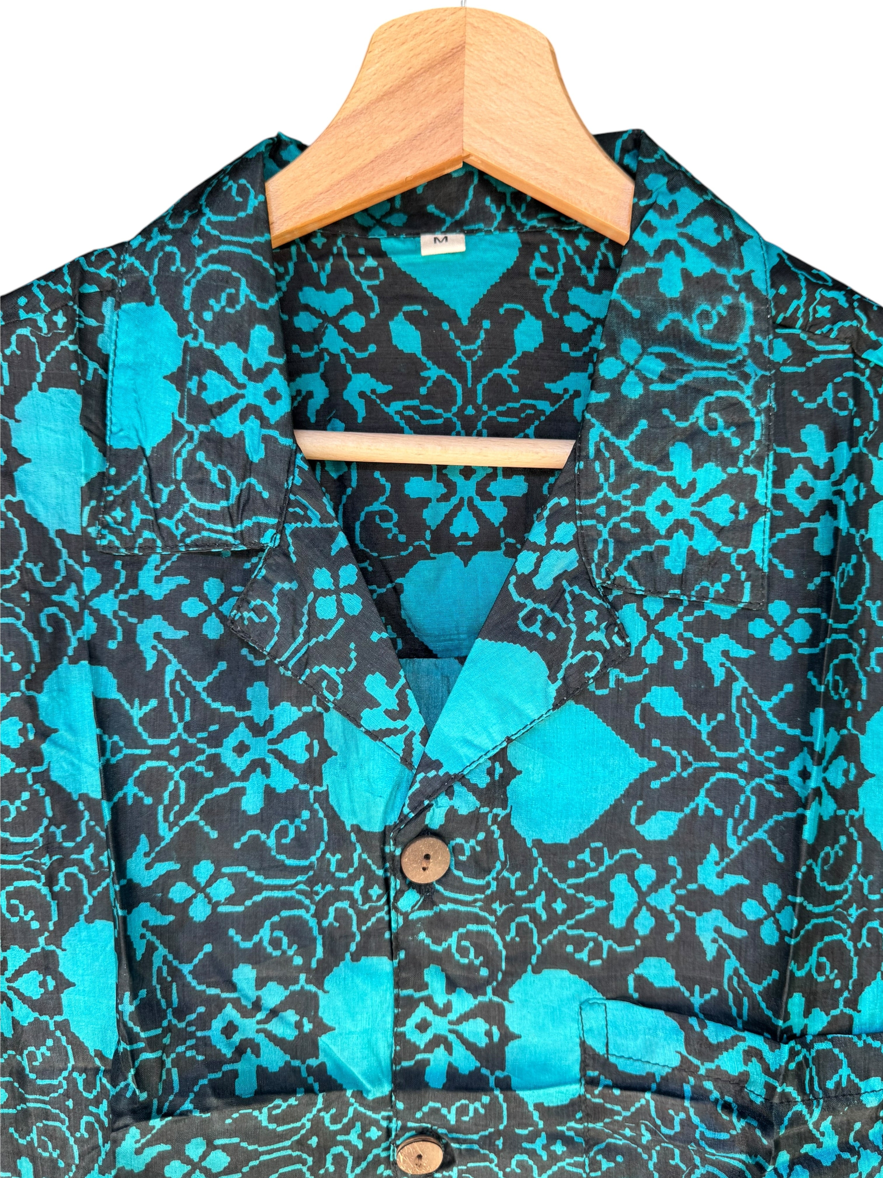 Camicia in Seta Sari Etnica Nero Turchese Medaglioni Unisex - Taglia M