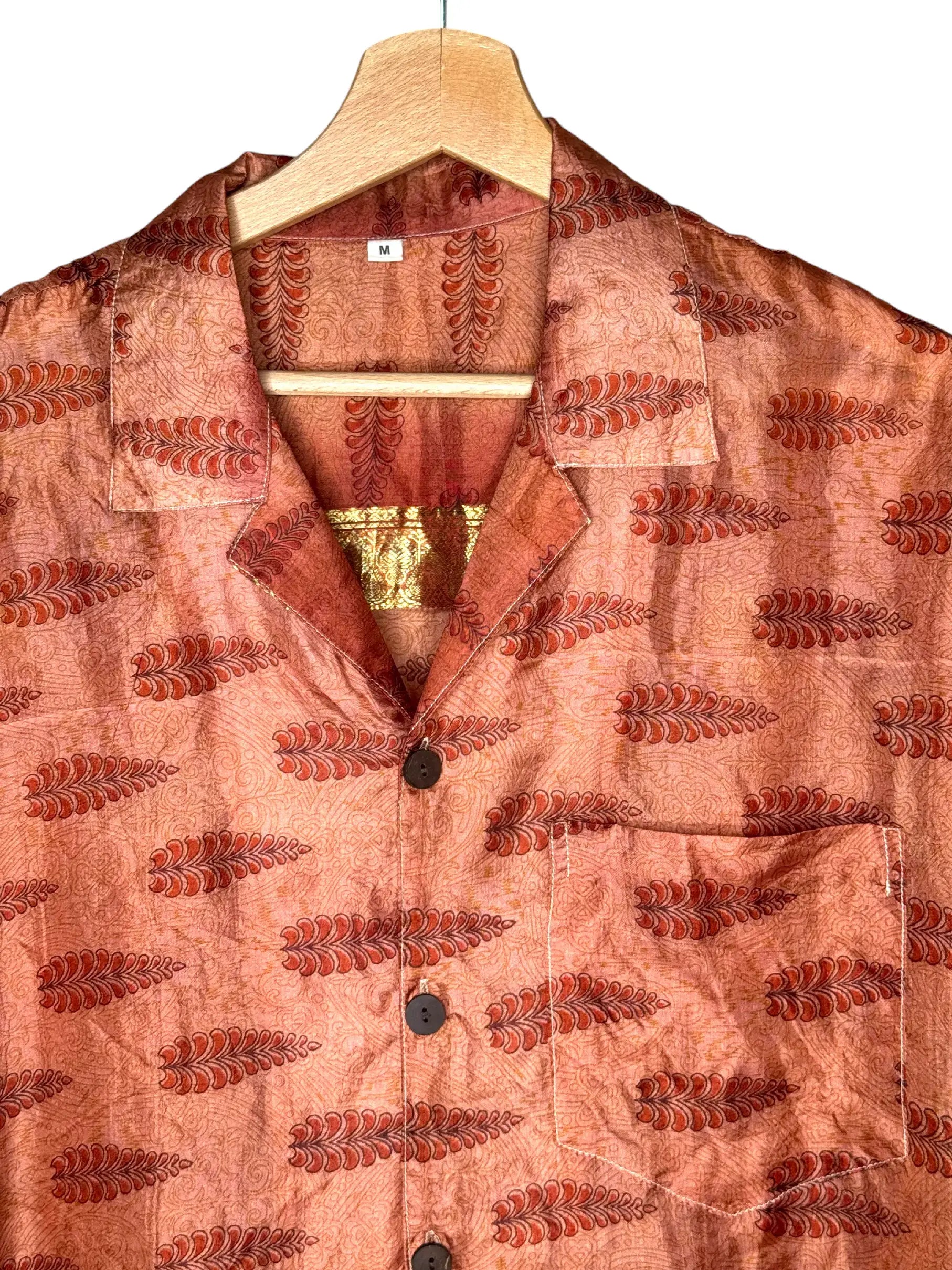 Camicia Etnica in Seta Sari Foglie Rame Zari - Taglia M