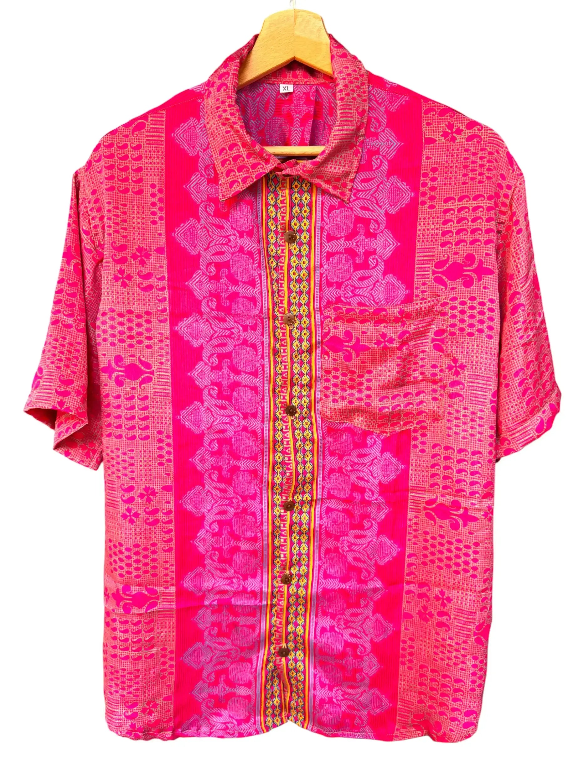 Camicia Etnica Fucsia Neon - Patchwork Paisley Boho Sari - Taglia XL