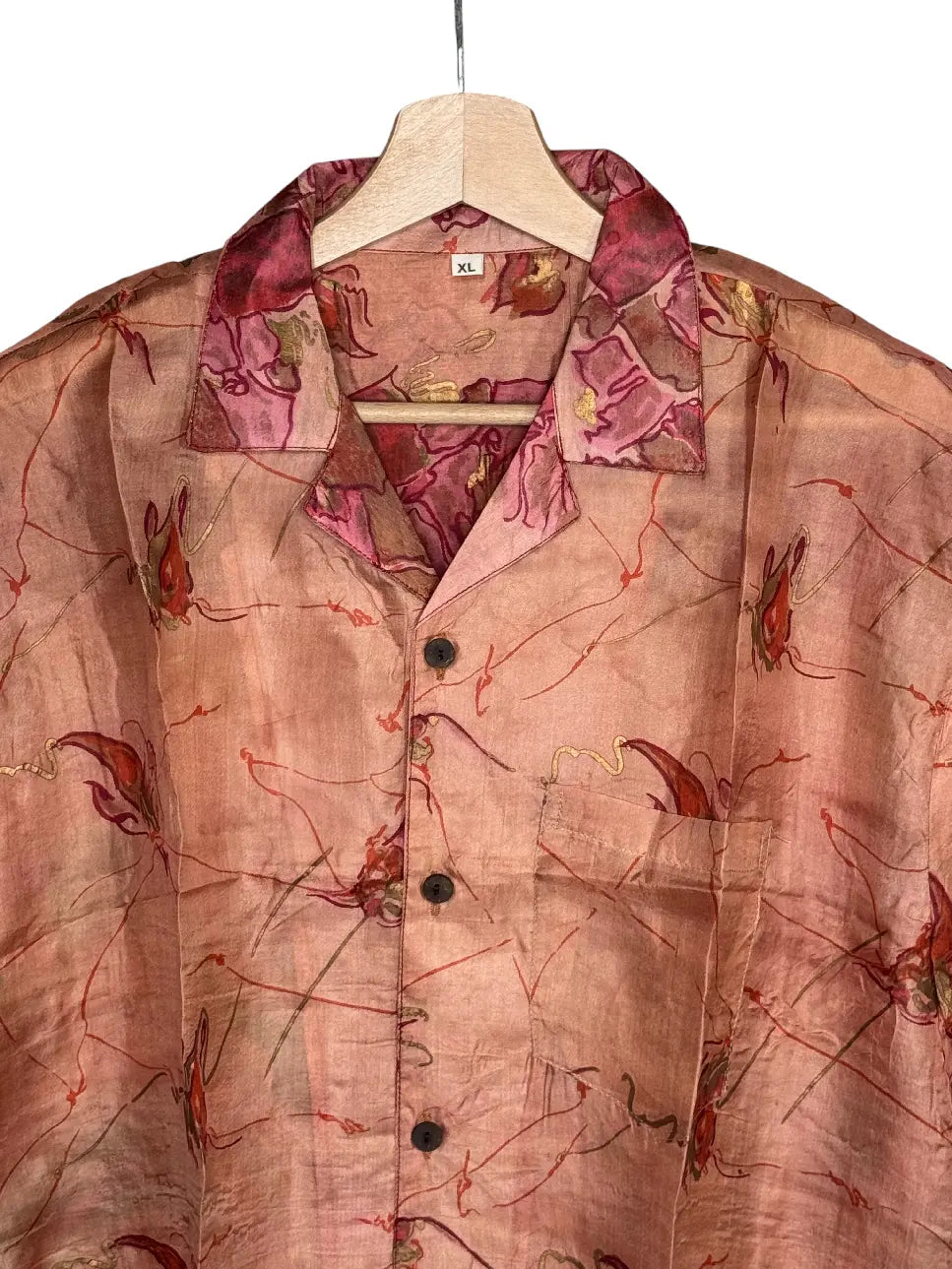 Camicia in Seta Sari Salmone Fiamme e Retro Espressionista - Taglia XL