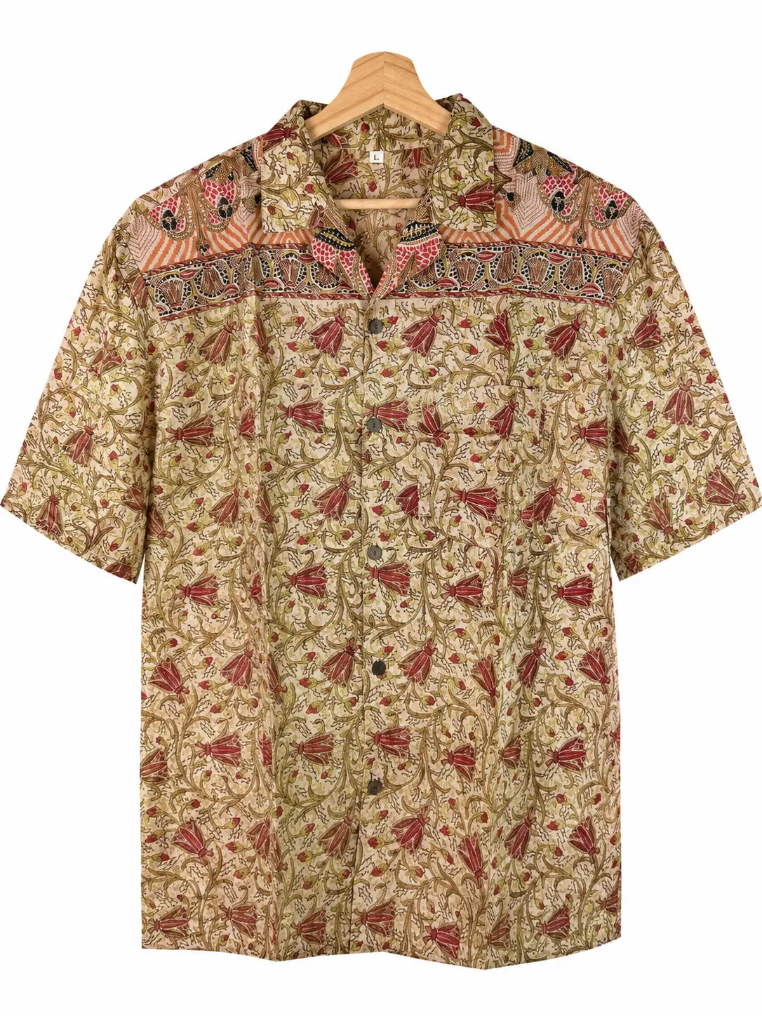 Camicia Unisex in Seta Sari Kalamkari con Fiori e Uccelli - Taglia L CAMICIE PARTICOLARI