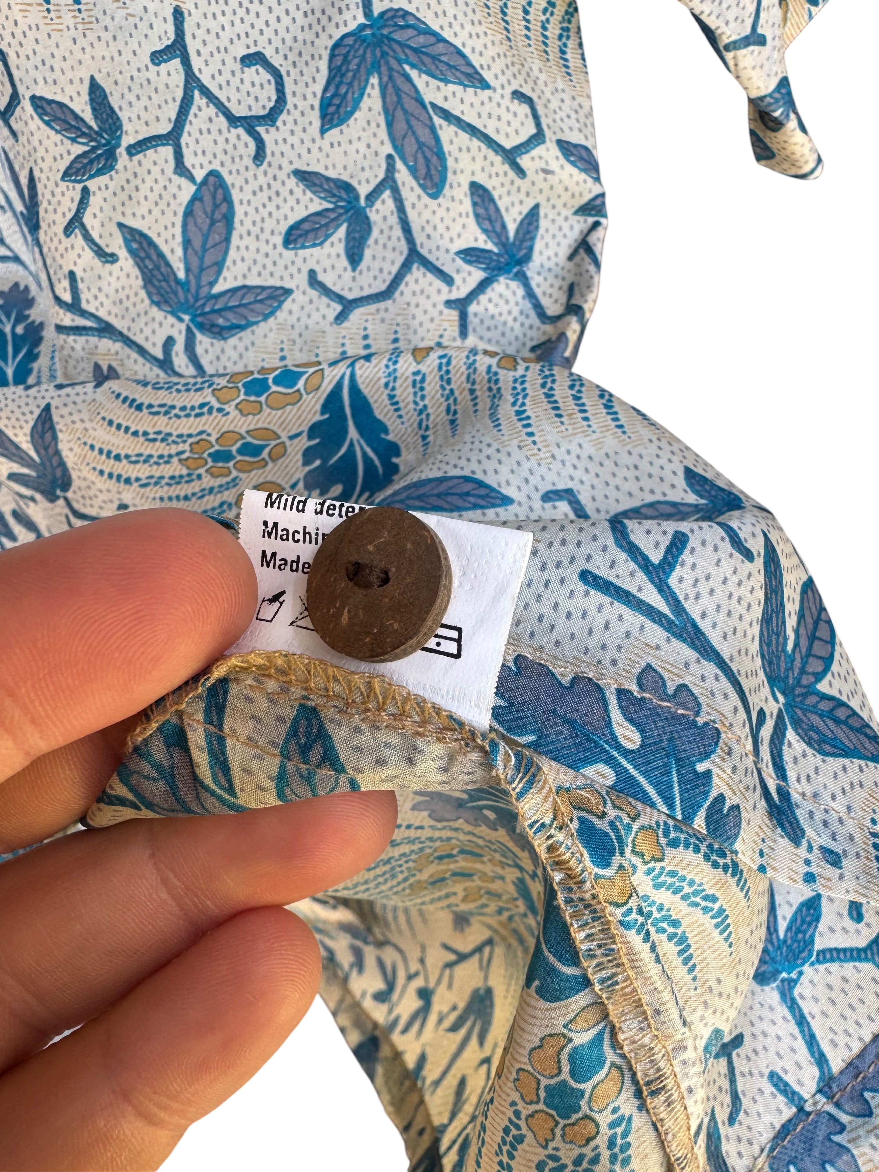 Camicia in Seta Sari Botanica Avorio Blu Foglie Unisex - Taglia S