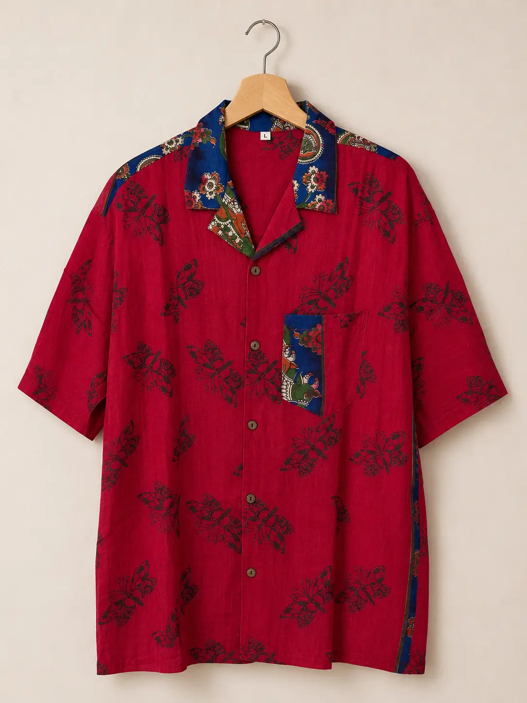 Camicia Etnica Sari Block Print Farfalle Rosso - Taglia L