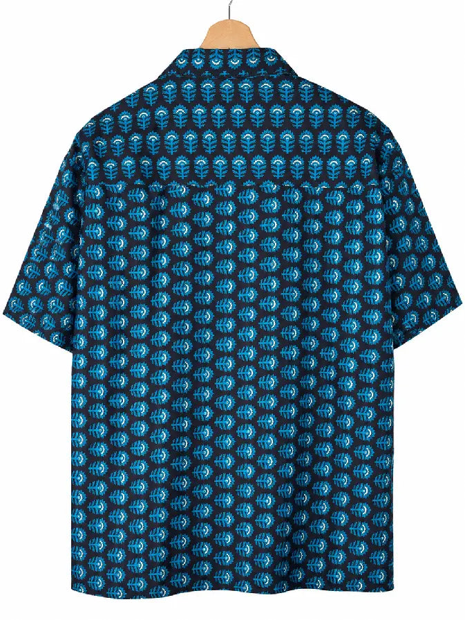 Camicia in Seta Sari Block Print Botanico Blu e Nero Unisex - Taglia S