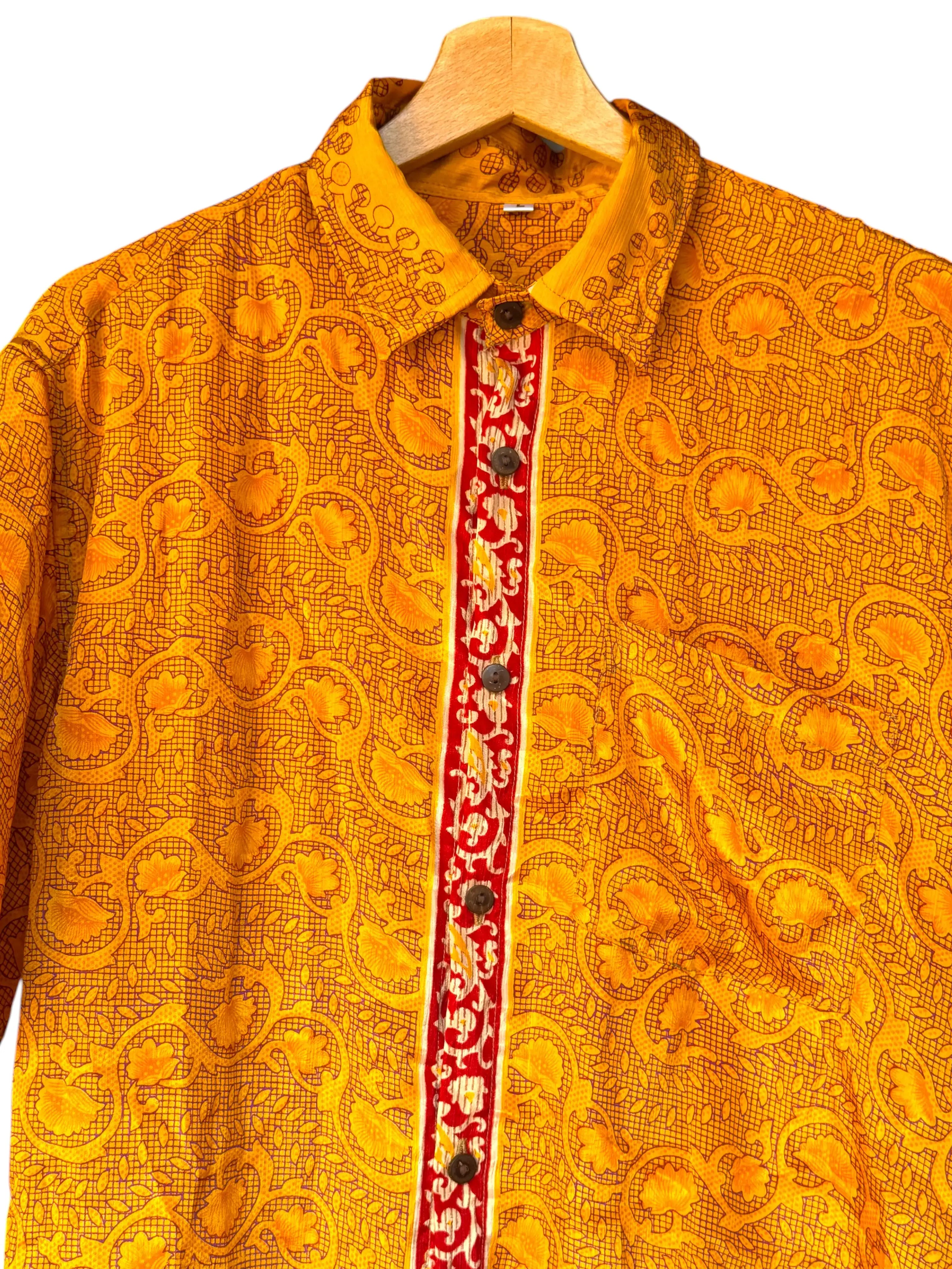 Camicia Etnica Oro Senape - Paisley Rosso Boho Sari - Taglia L