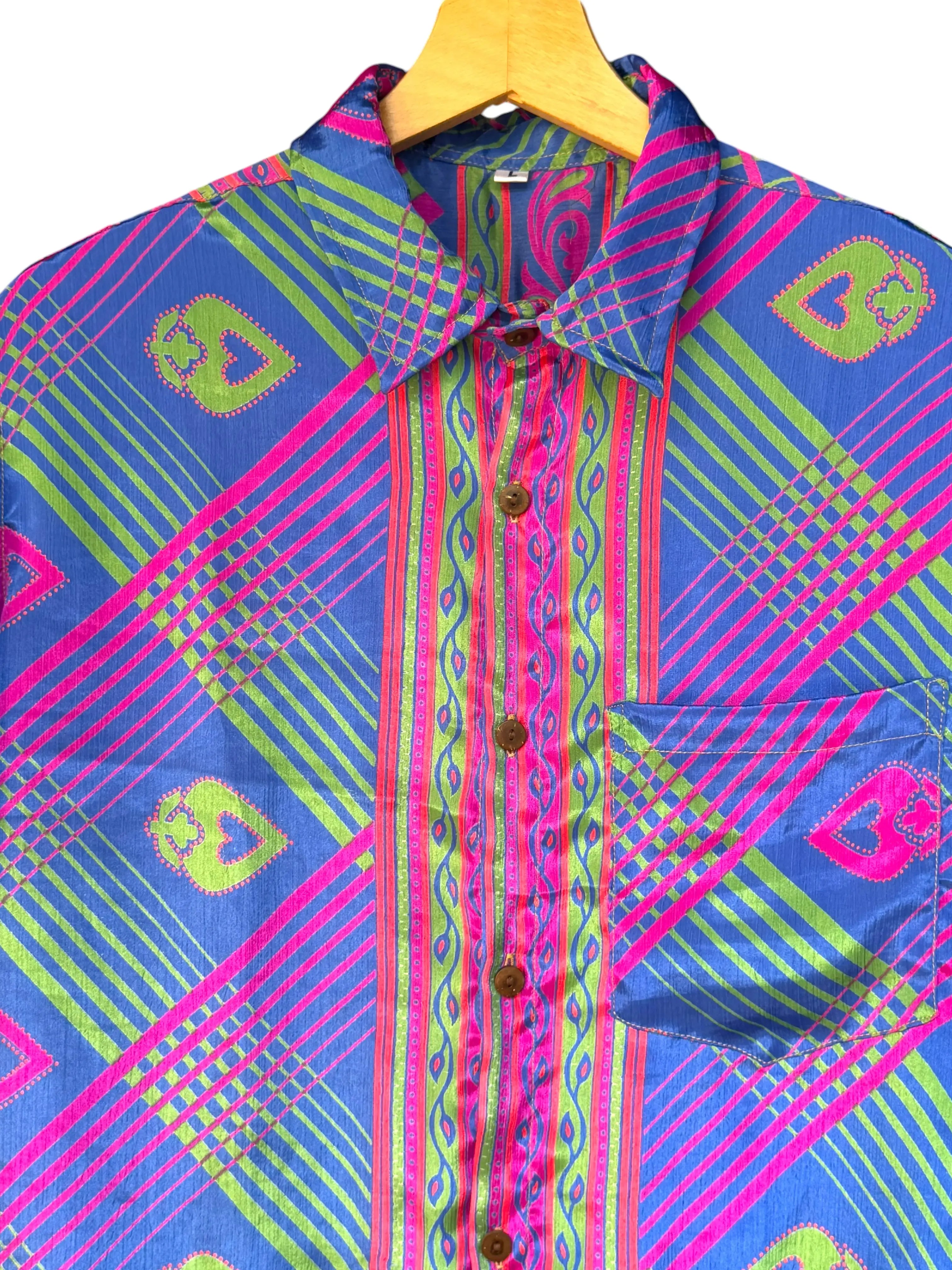 Camicia Etnica Blu Fucsia Neon - Geometrica Boho Sari - Taglia L