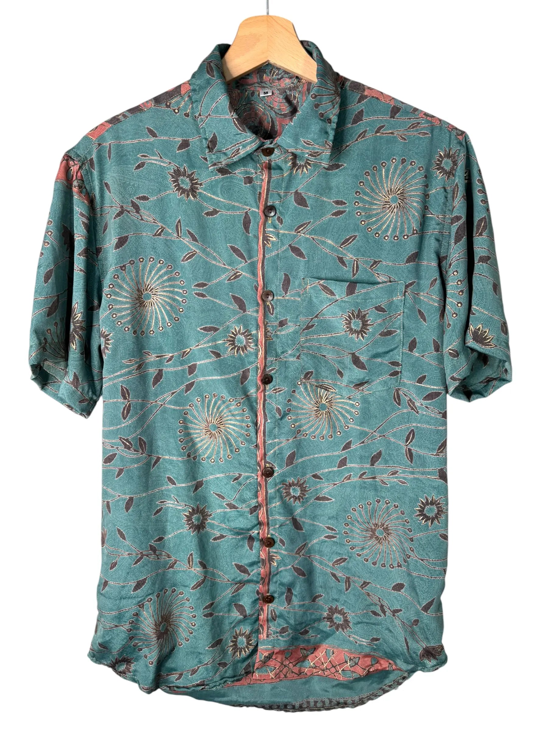 Camicia Etnica Verde Acqua Floreale - Sari Upcycled - Taglia M