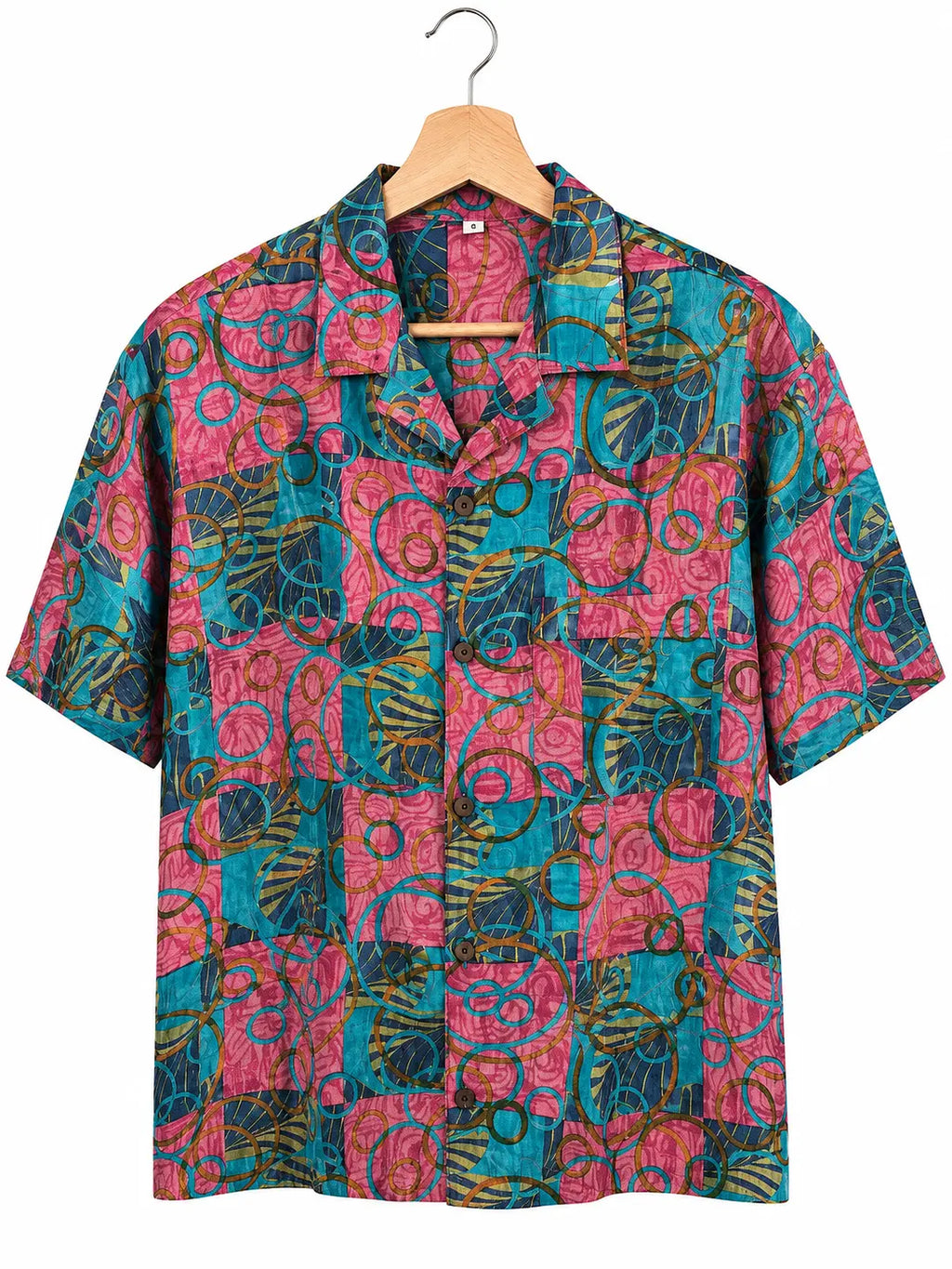 Camicia in Seta Sari Astratta Turchese e Rosa Unisex - Taglia S