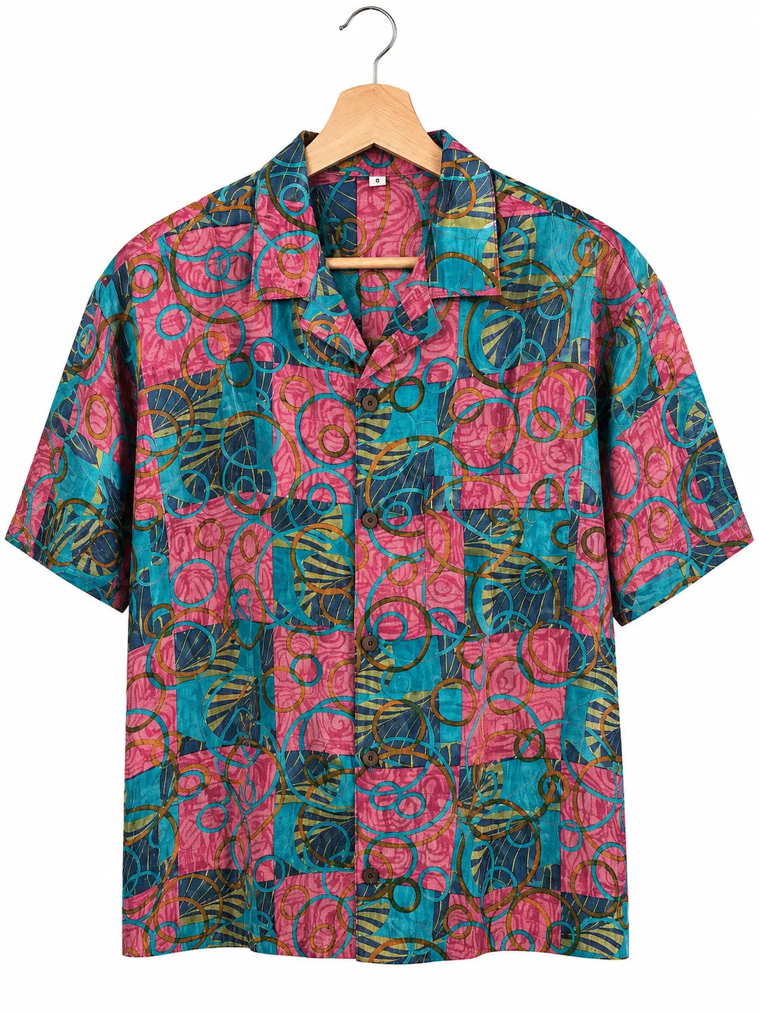Camicia in Seta Sari Astratta Turchese e Rosa Unisex - Taglia S