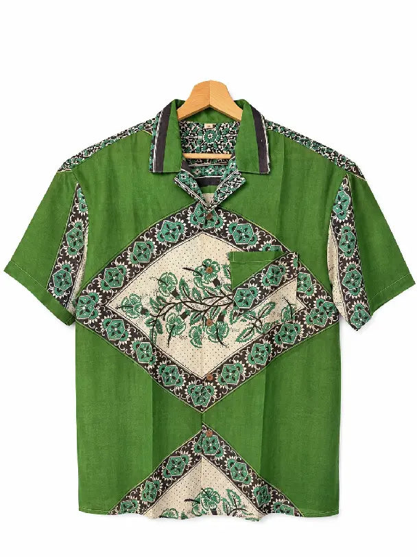Camicia in Seta Sari Verde con Medaglioni a Rombo Unisex - Taglia M