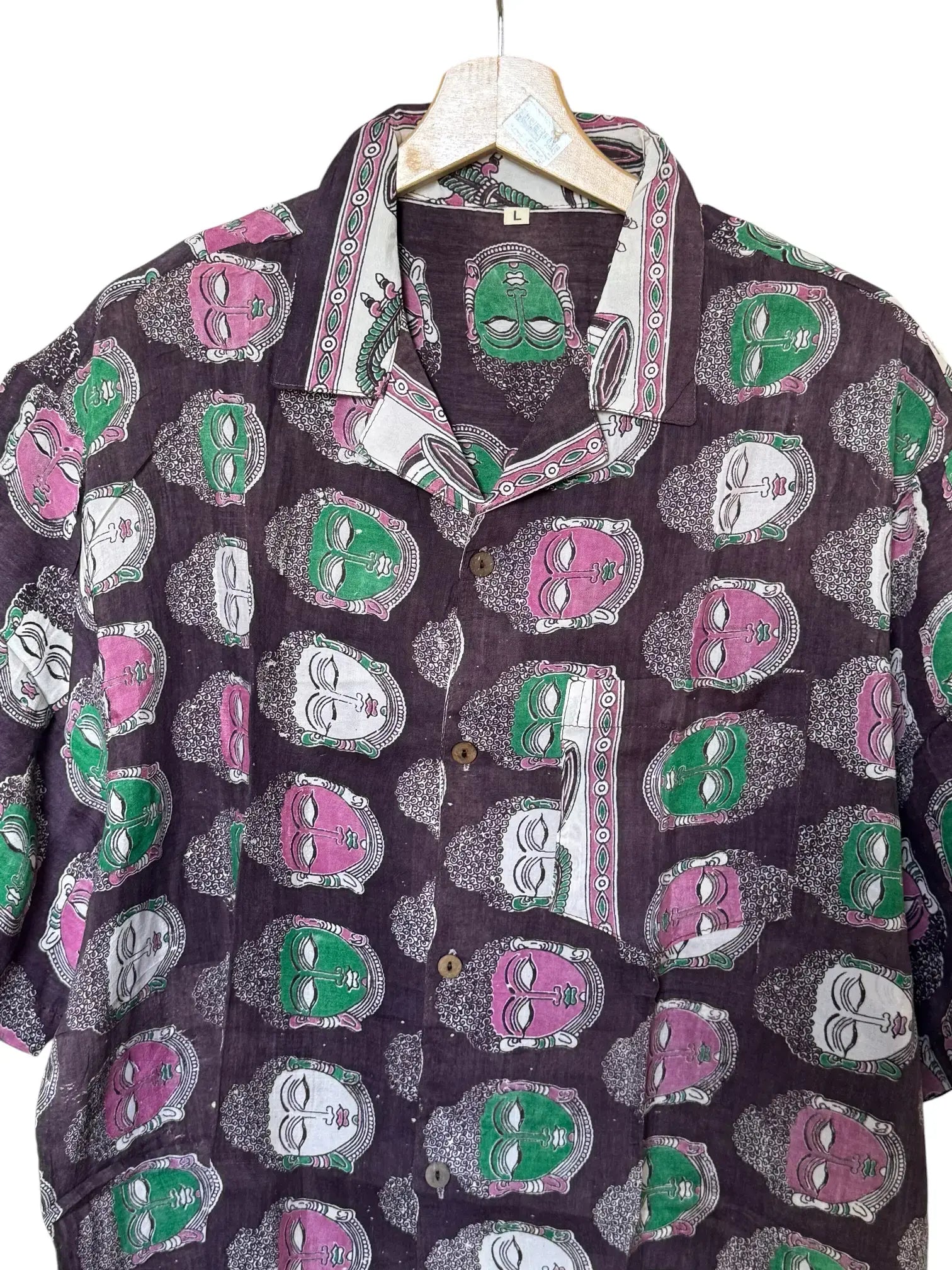 Camicia Etnica Sari Block Print Volti Stilizzati - Taglia L