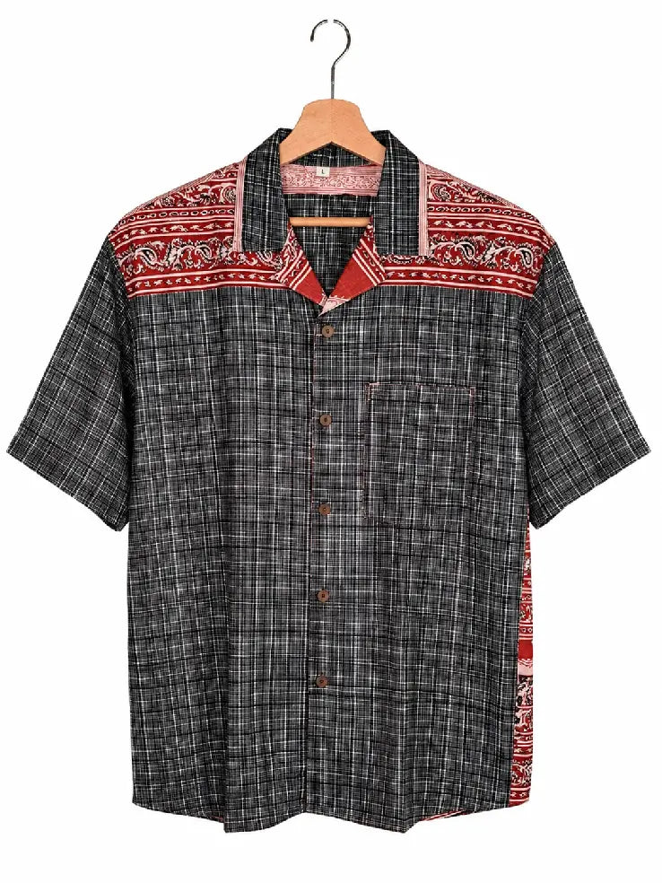 Camicia in Seta Sari Tartan e Arcate Mughal Nero Rosso Unisex - Taglia L