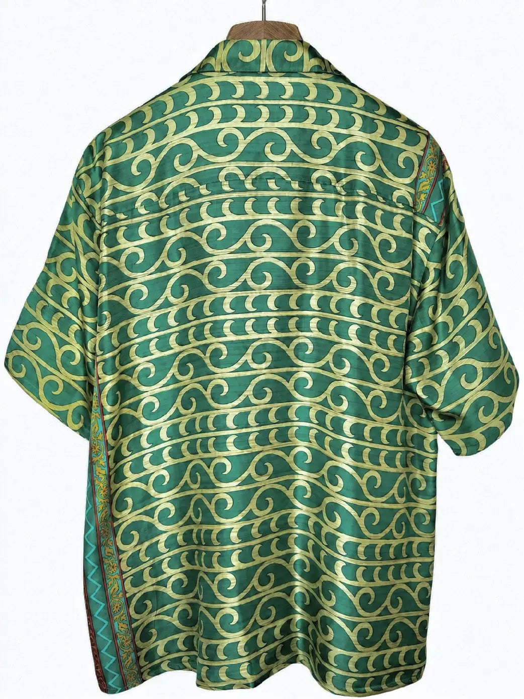 Camicia Etnica in Seta Sari Vintage Onde Verde Smeraldo - Taglia L