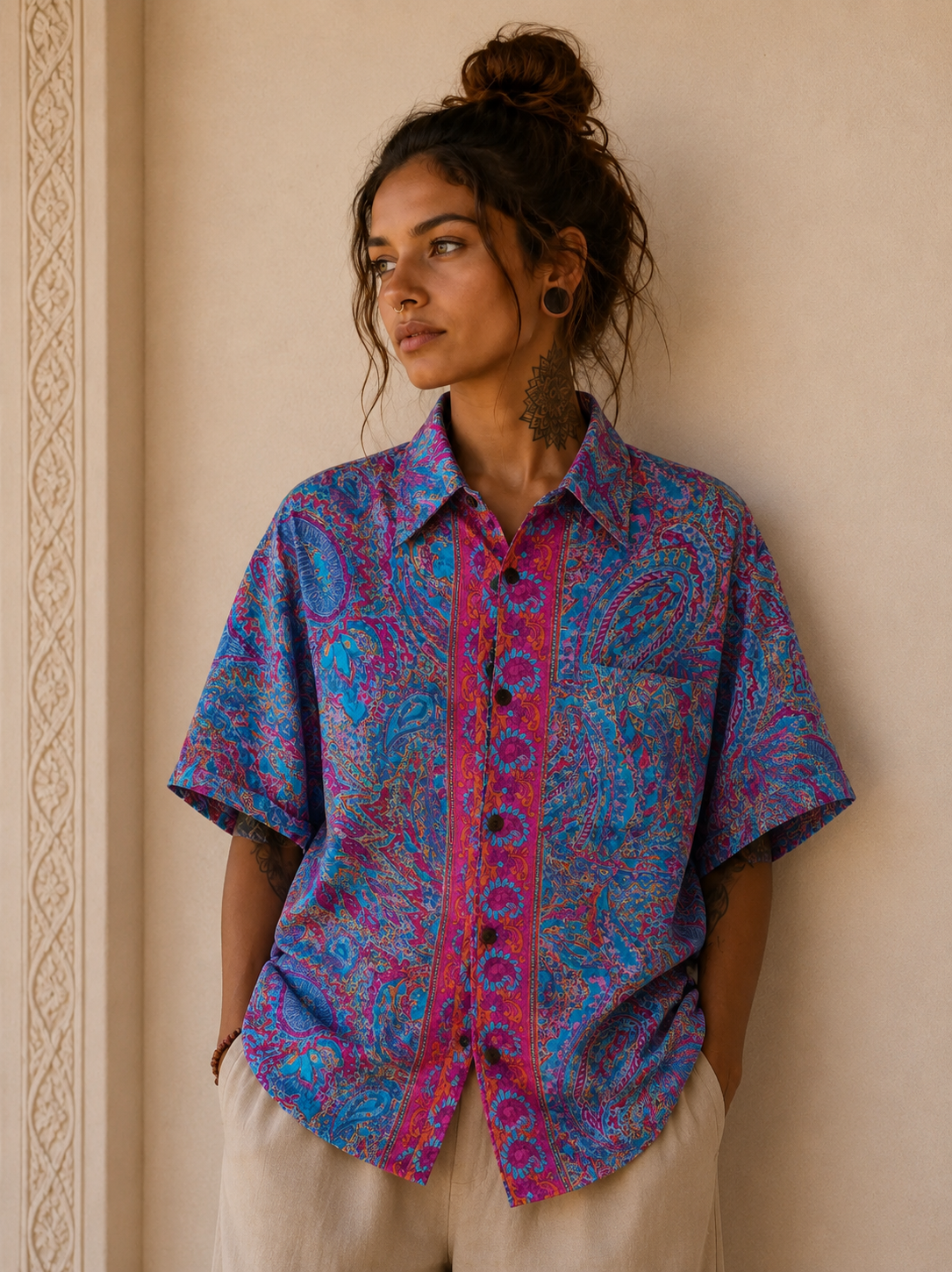Camicia Etnica Sari Paisley Fucsia Turchese - Taglia M