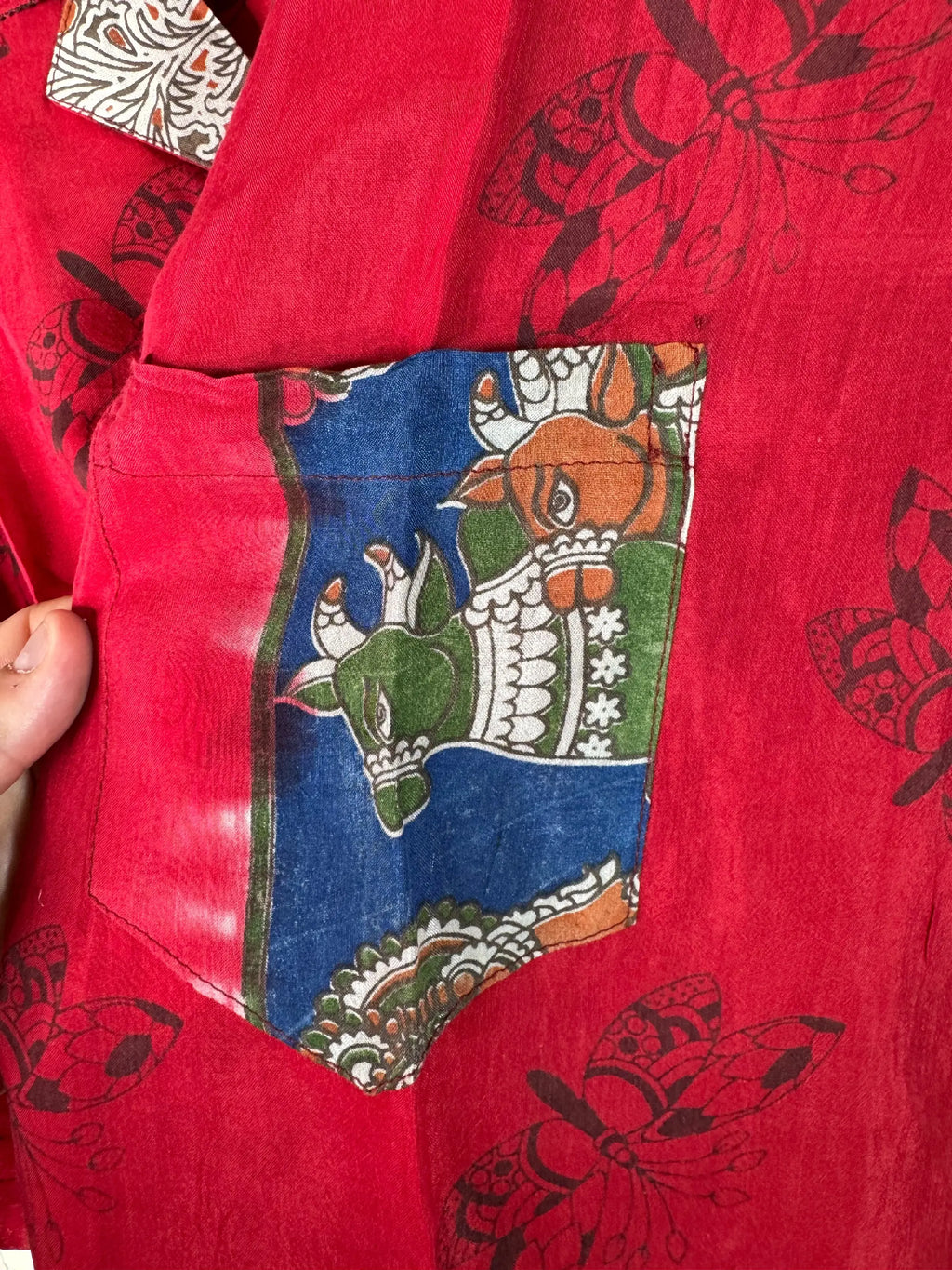 Camicia Sari Block Print Rosso Pavoni Kalamkari Unisex - Taglia XL CAMICIE PARTICOLARI