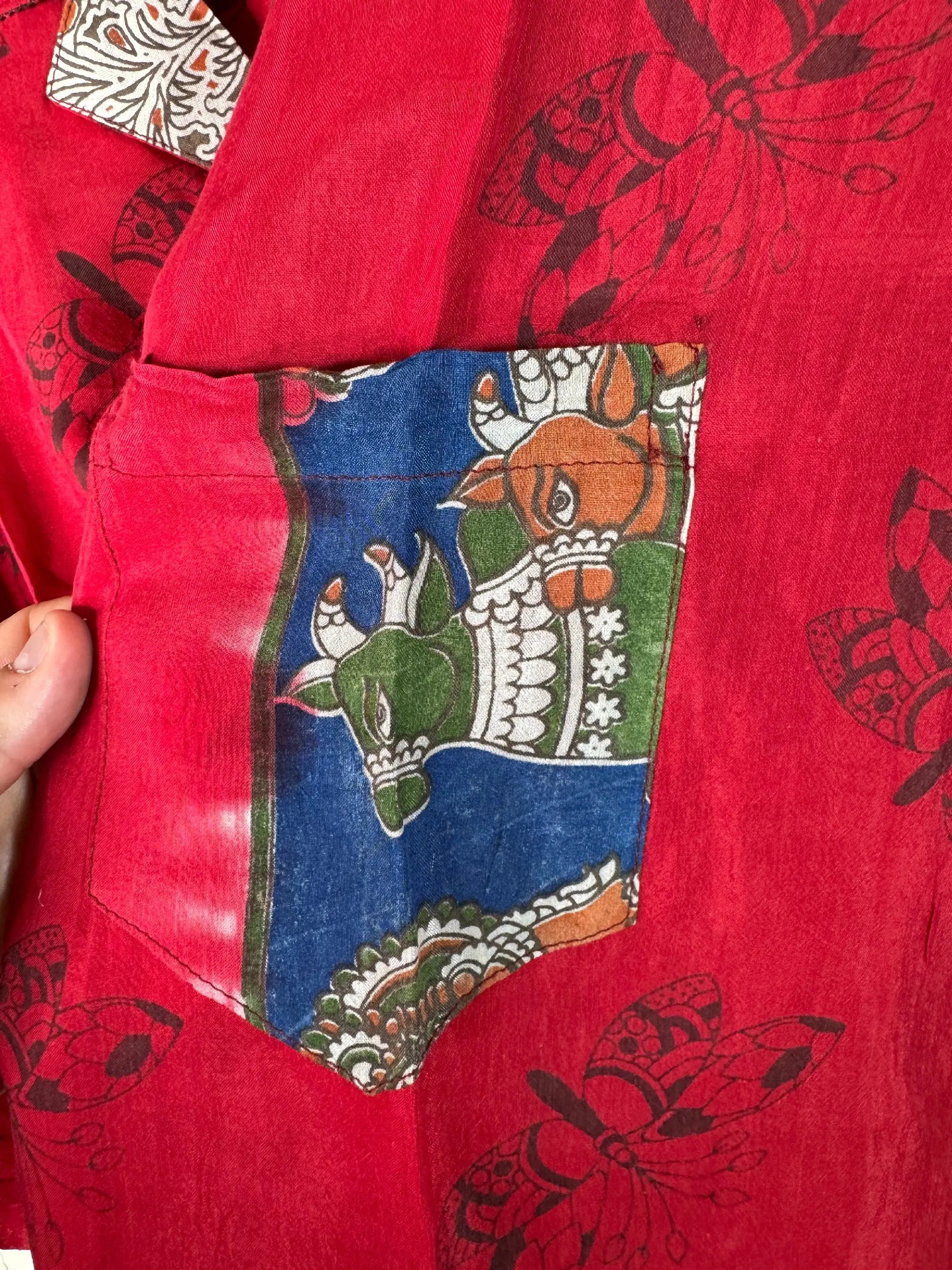 Camicia Sari Block Print Rosso Pavoni Kalamkari Unisex - Taglia XL CAMICIE PARTICOLARI