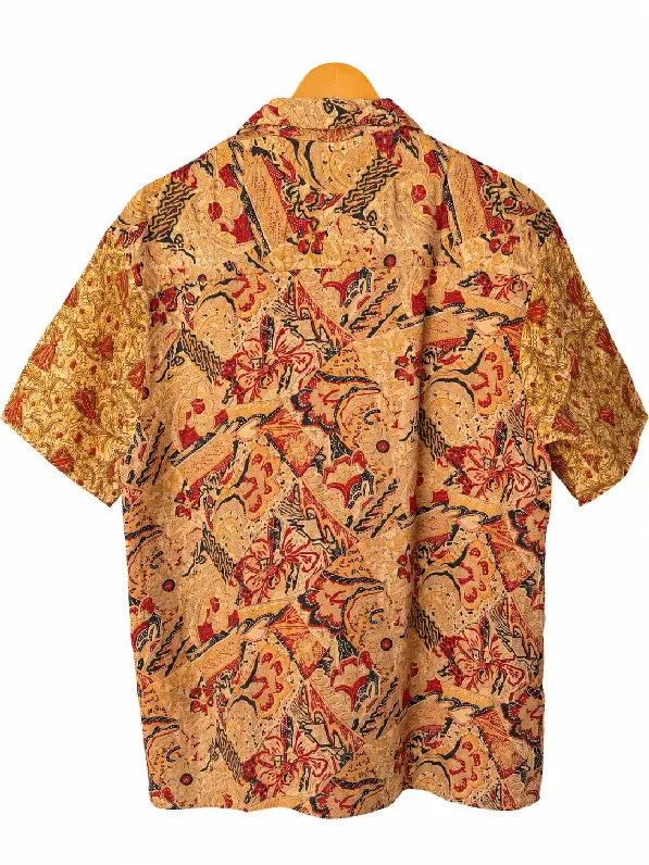 Camicia in Seta Sari Batik Patchwork Oro e Rosso Unisex - Taglia M