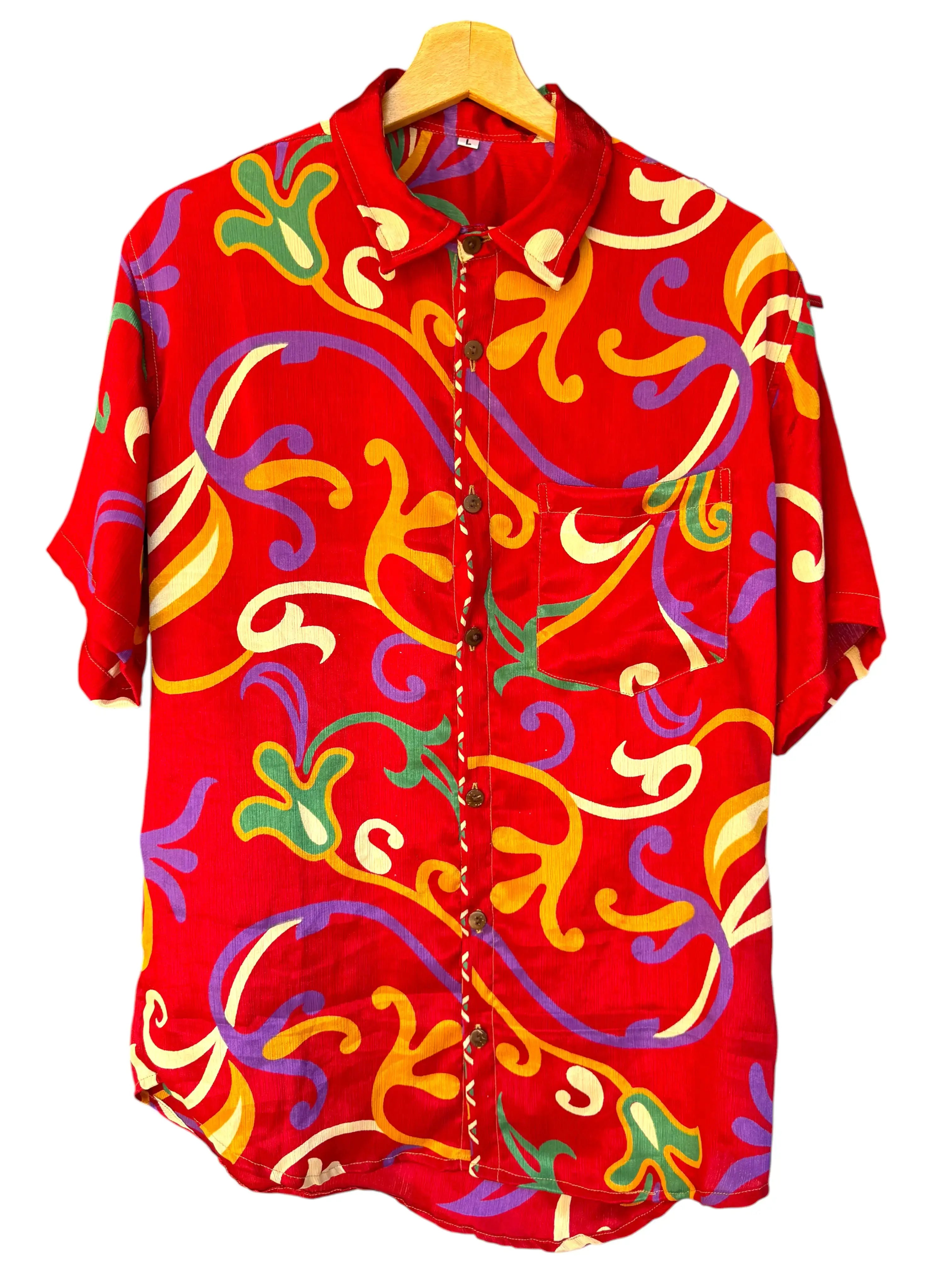 Camicia Etnica Rossa Multicolor Arabesco Boho Sari - Unisex - Taglia L