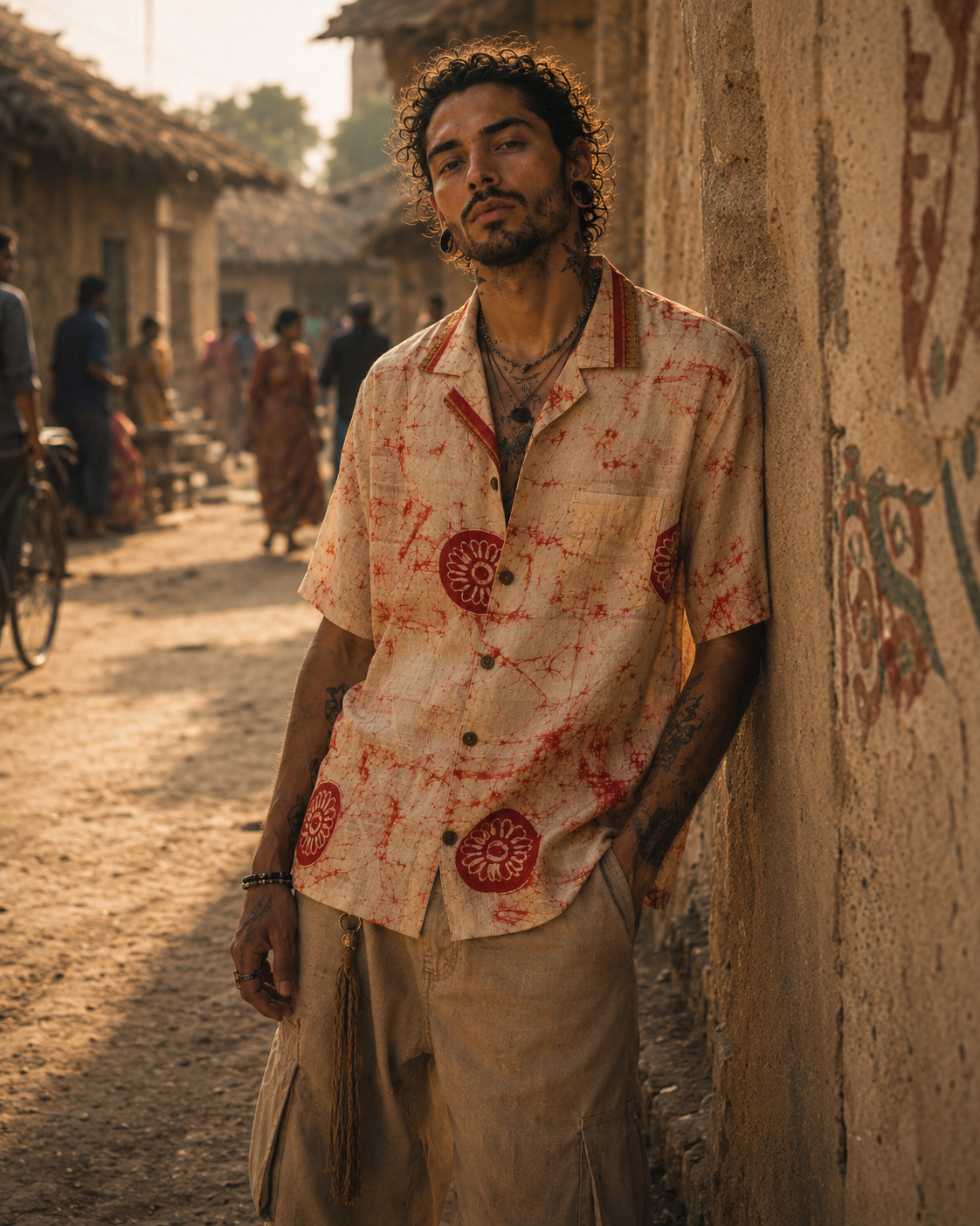 Camicia in Seta Sari Tie-Dye Rosso Avorio Floreale Unisex - Taglia M