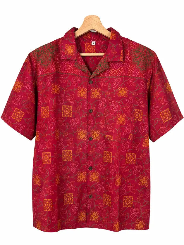 Camicia in Seta Sari Bandhani Rosso e Verde Unisex - Taglia L