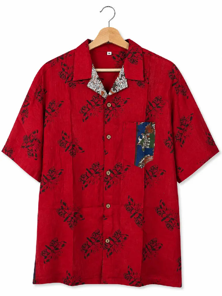 Camicia Sari Block Print Rosso Pavoni Kalamkari Unisex - Taglia XL CAMICIE PARTICOLARI