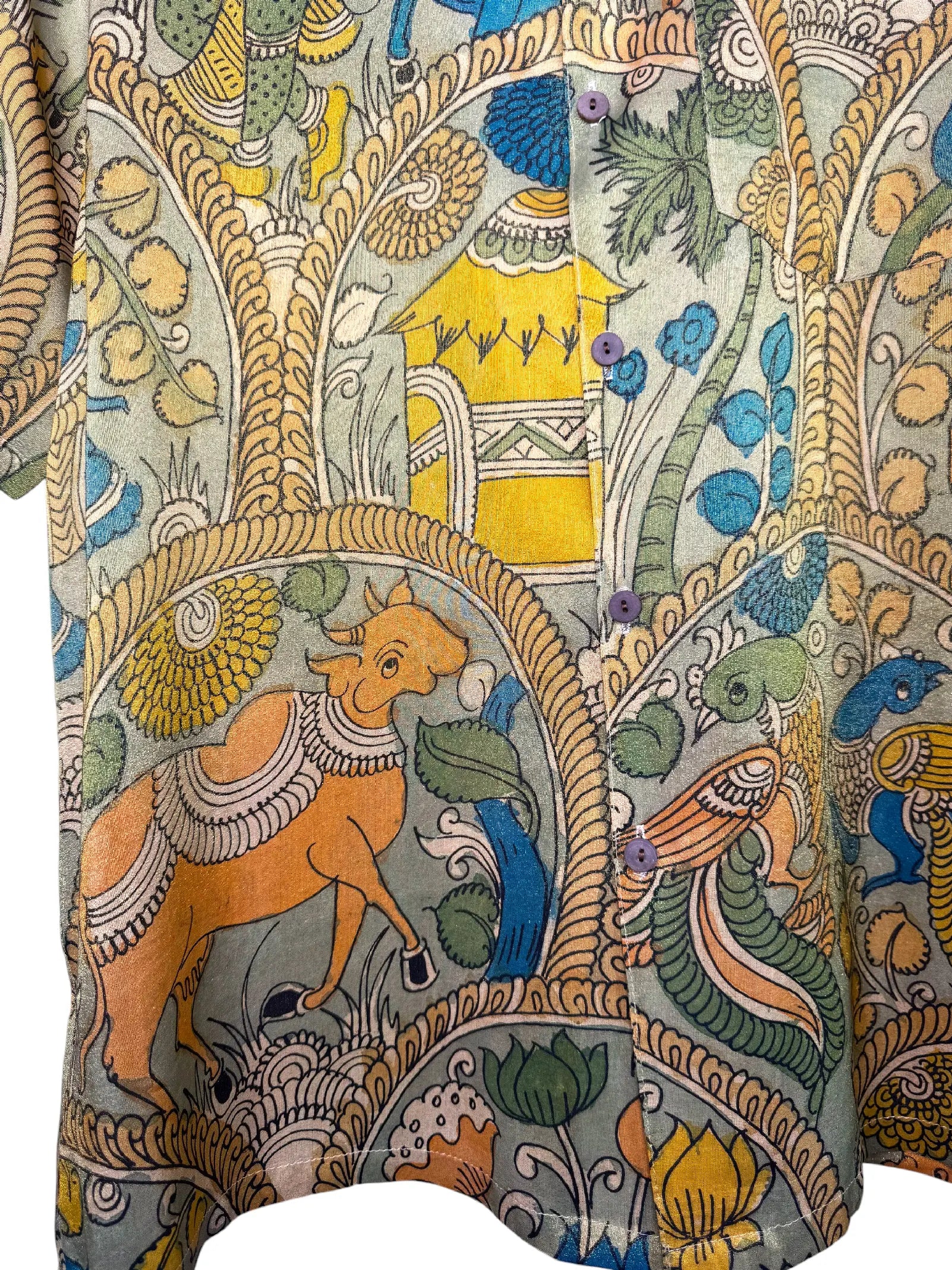 Camicia Etnica Seta Tussar Filo Oro Kalamkari Vacche - M