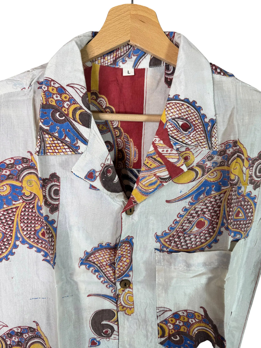 Camicia Etnica Sari Block Print Bianco Paisley Kalamkari - Taglia L CAMICIE PARTICOLARI