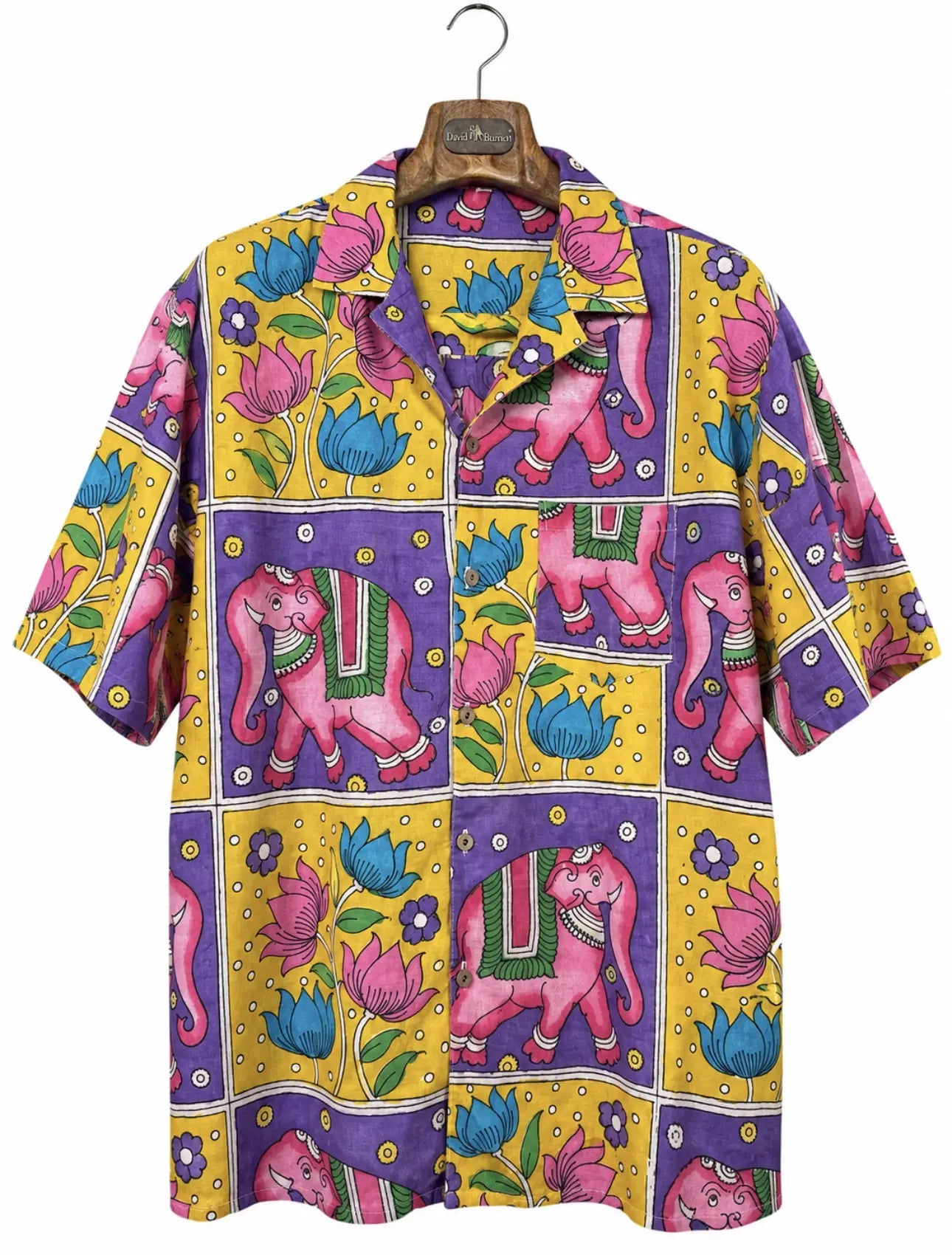 Camicia Etnica Seta Tussar Kalamkari Elefanti Rosa - Taglia L