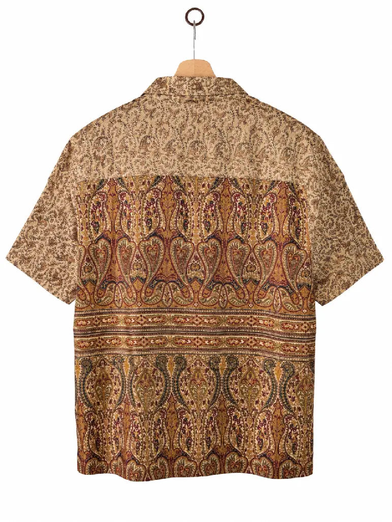 Camicia in Seta Sari Paisley Kashmiri Beige e Oro Unisex - Taglia L