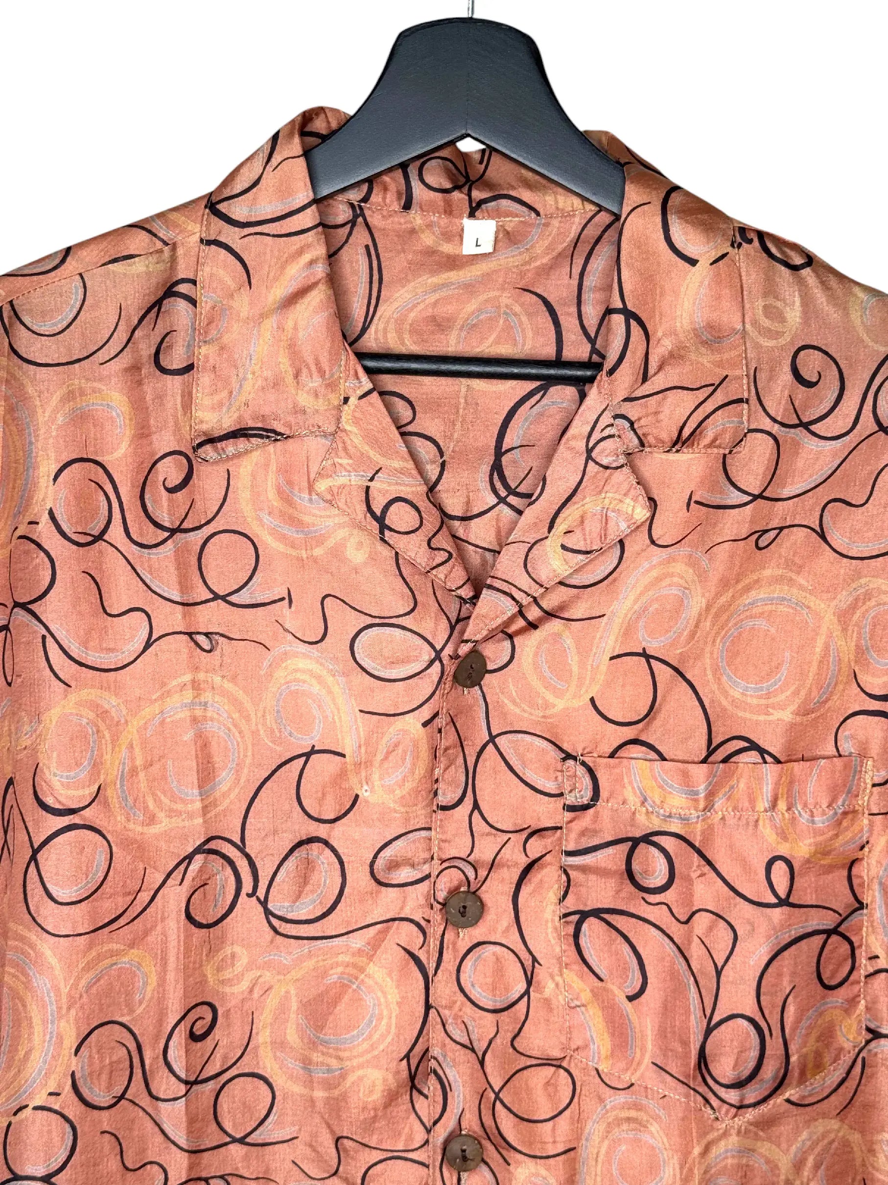 Camicia Etnica in Seta Sari Spirali Rosa Cipria - Taglia L