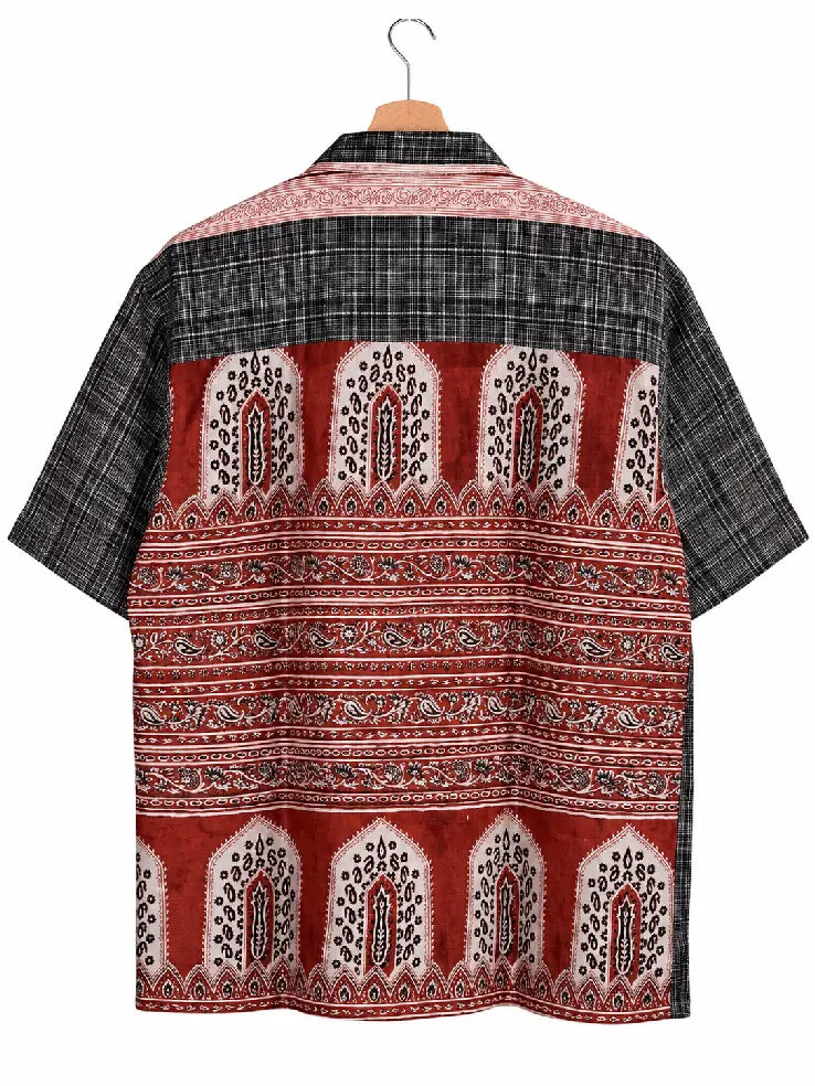 Camicia in Seta Sari Tartan e Arcate Mughal Nero Rosso Unisex - Taglia L