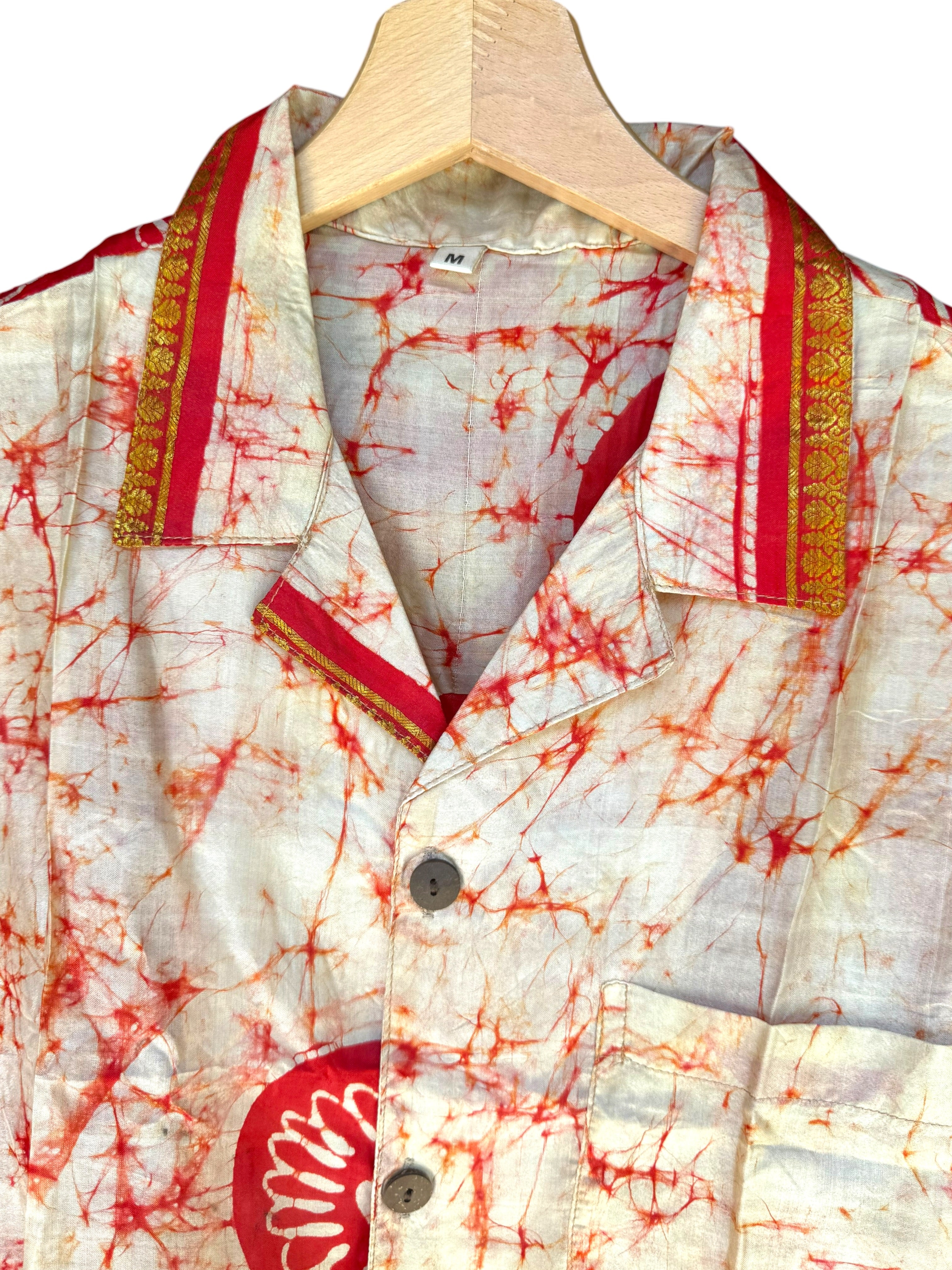 Camicia in Seta Sari Tie-Dye Rosso Avorio Floreale Unisex - Taglia M