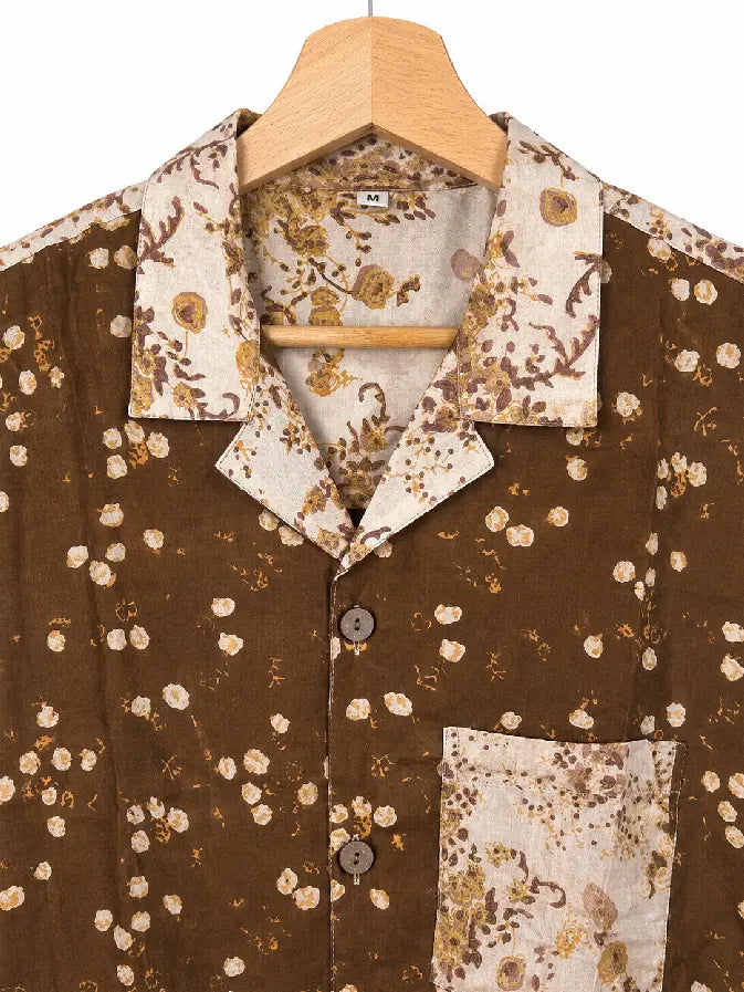 Camicia in Seta Sari Floreale Vintage Marrone, Avorio Unisex - Taglia M