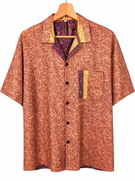 Camicia in Seta Sari Paisley Bordure Terracotta e Bordeaux - Taglia S