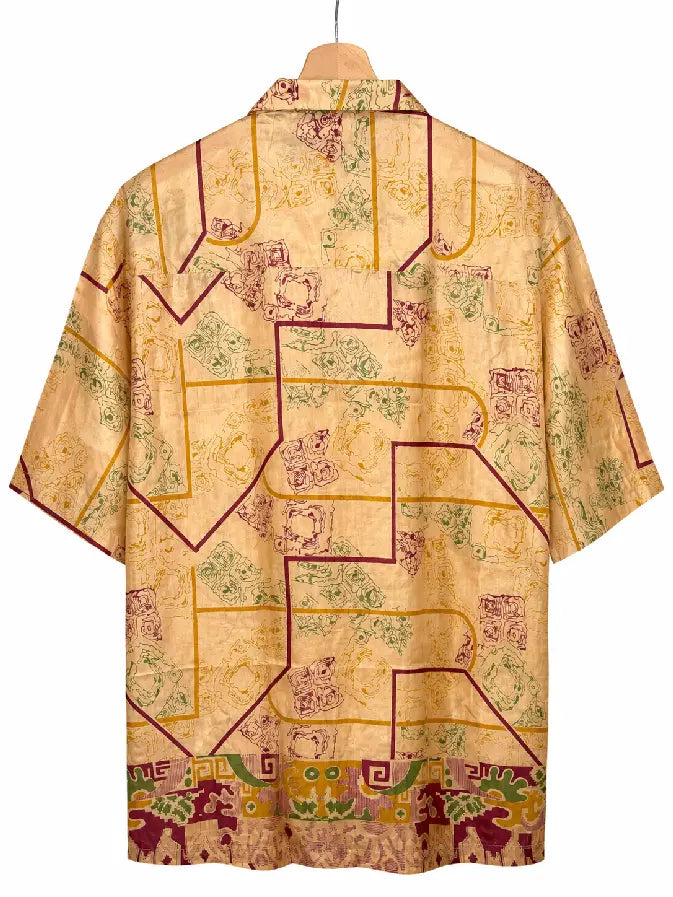 Camicia in Seta Sari Tribale Geometrico Ocra e Bordeaux - Taglia S
