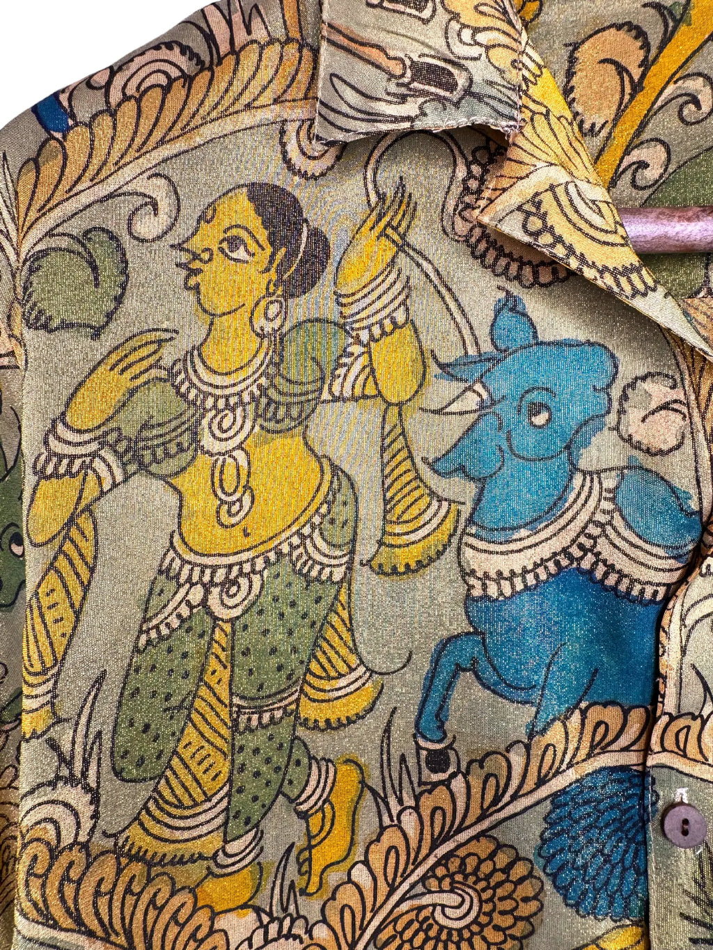 Camicia Etnica Seta Tussar Filo Oro Kalamkari Vacche - M