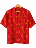 Camicia in Seta Sari Bandhani Rosso e Arancio Geometrico Unisex - Taglia M