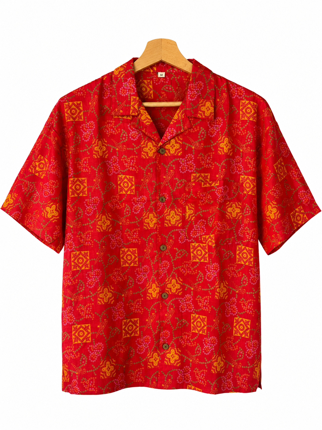 Camicia in Seta Sari Bandhani Rosso e Arancio Geometrico Unisex - Taglia M
