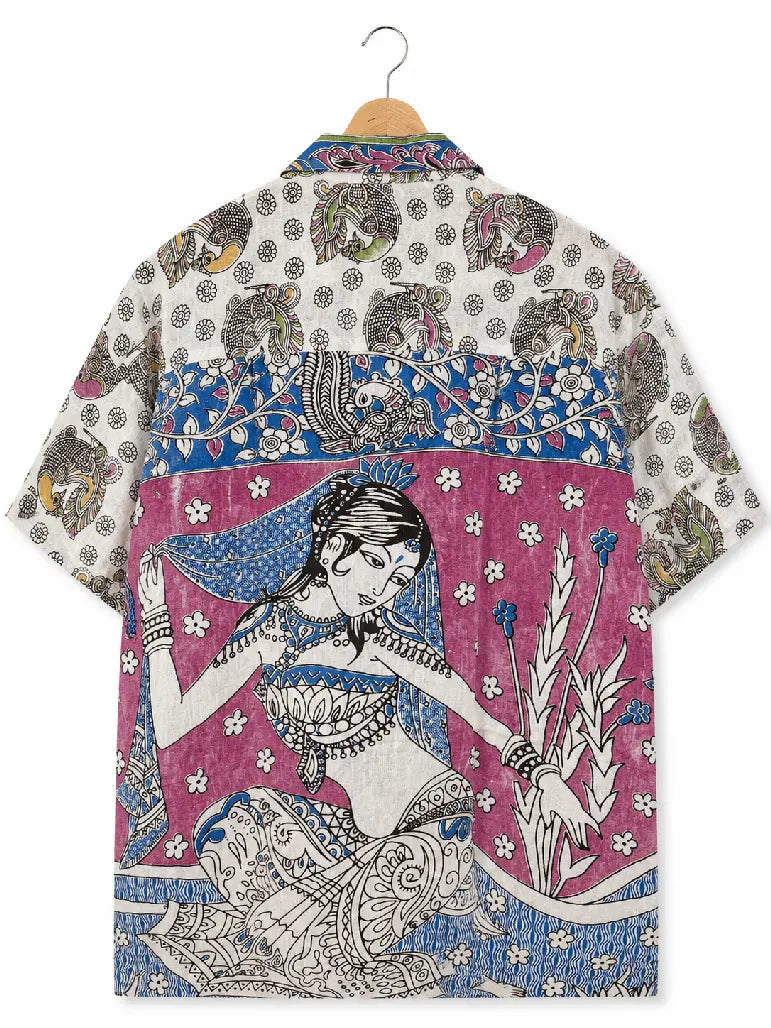 Camicia Sari con Stampa Block Print Bianco Pavoni Multicolore Unisex - Taglia XL CAMICIE PARTICOLARI