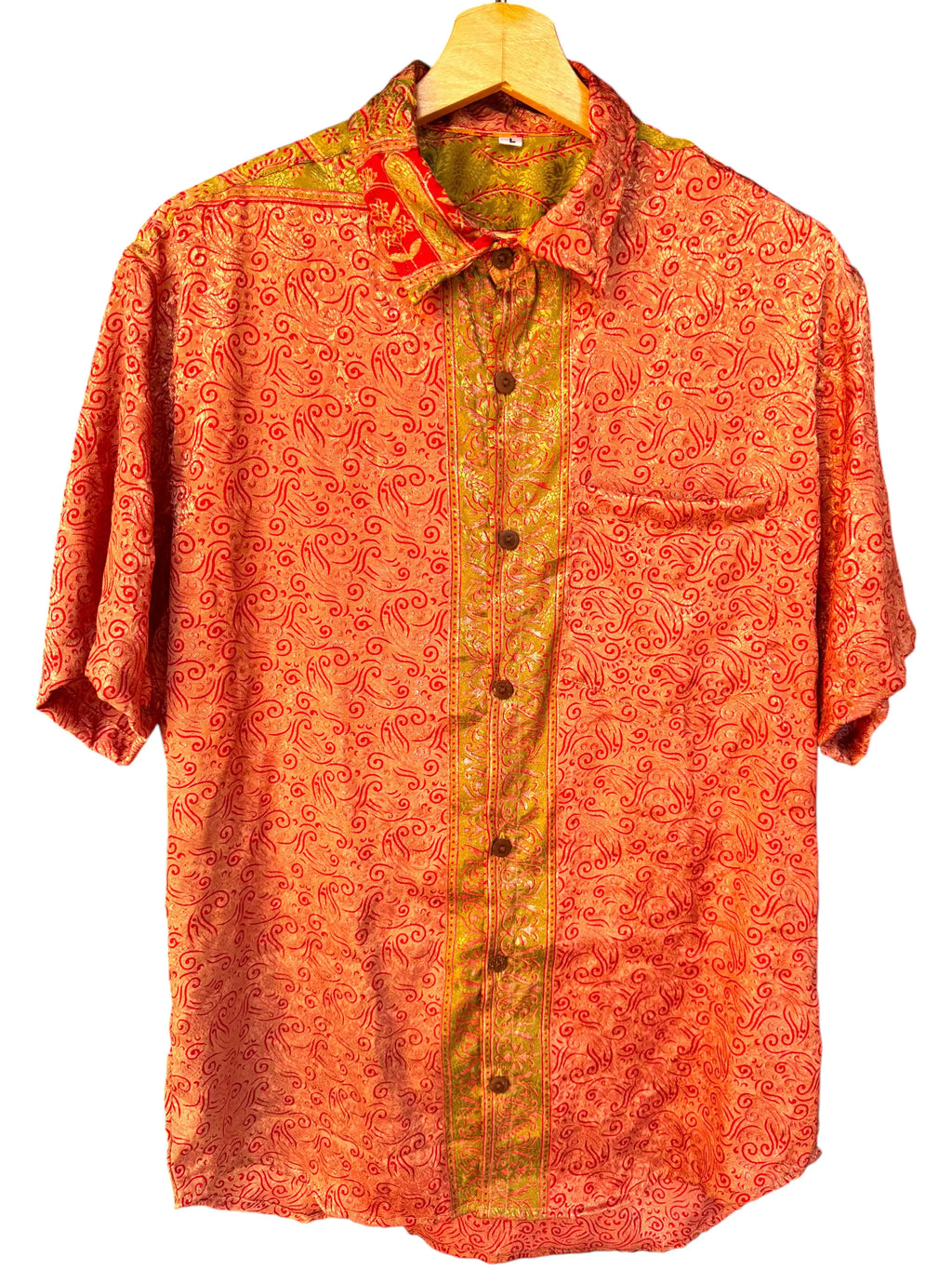 Camicia Etnica Arancio Rosso - Arabesco Cangiante Boho Sari - Taglia L CAMICIE PARTICOLARI