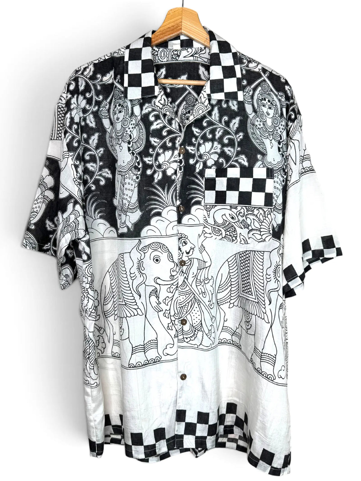 Camicia Etnica Kalamkari Elefanti Cotone Bianco e Nero - L