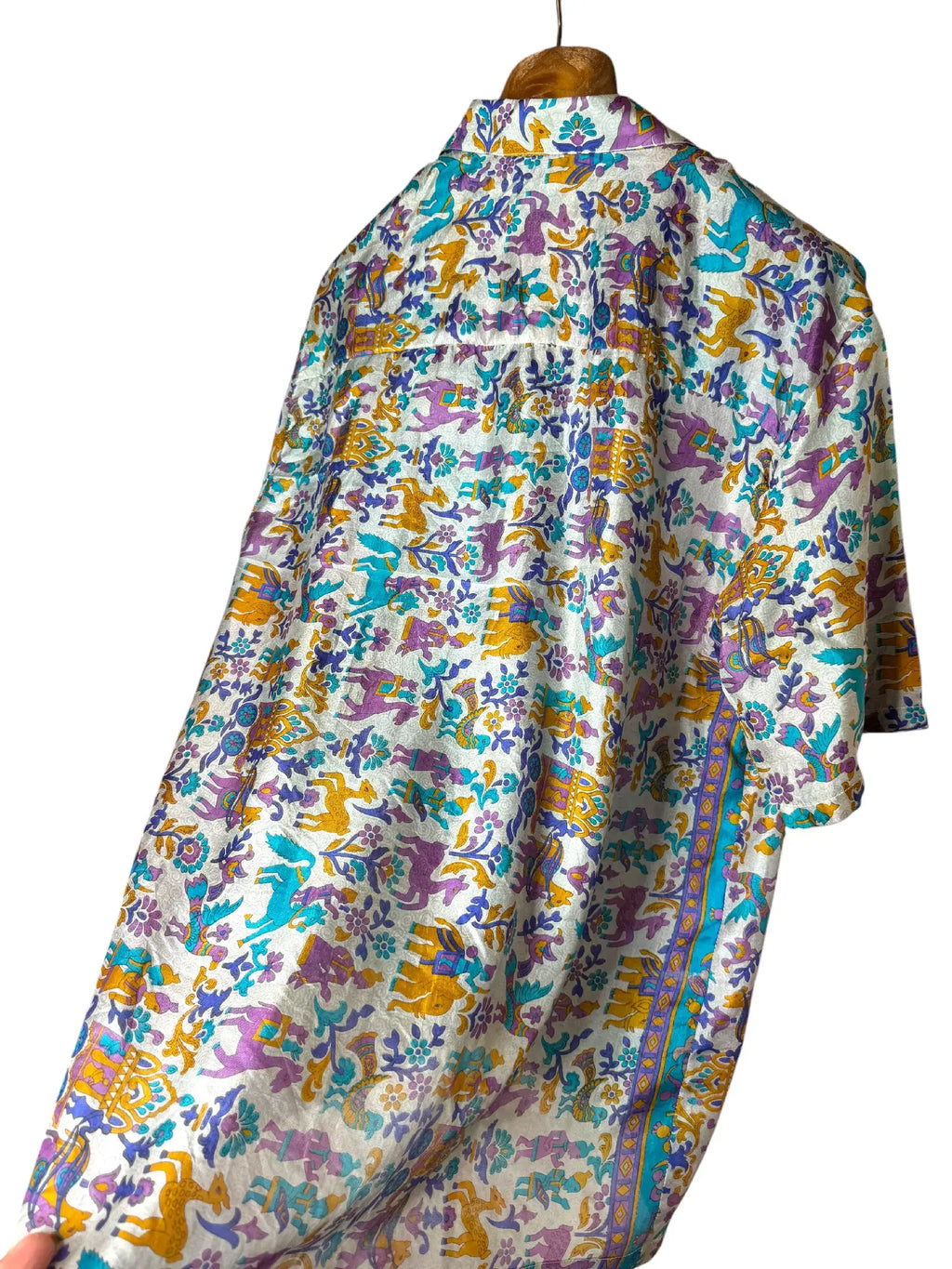 Camicia Etnica in Seta Sari Vintage Bestiario Fantastico - Taglia S