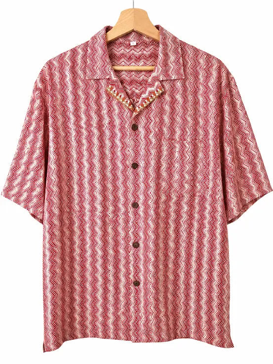 Camicia in Seta Sari Chevron Rosso e Avorio Unisex - Taglia L