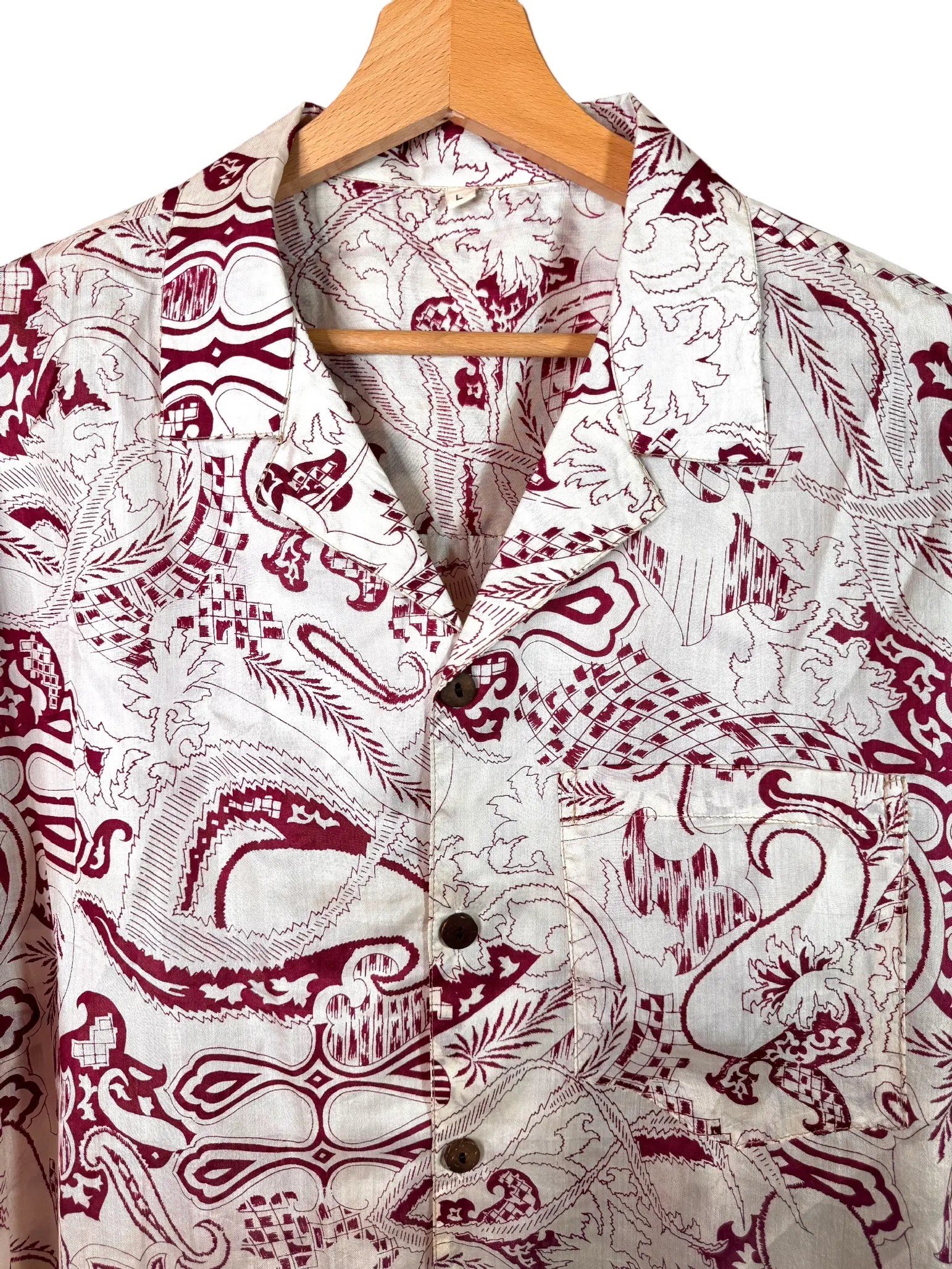 Camicia in Seta Sari Batik Botanico Bordeaux e Bianco Unisex - Taglia L