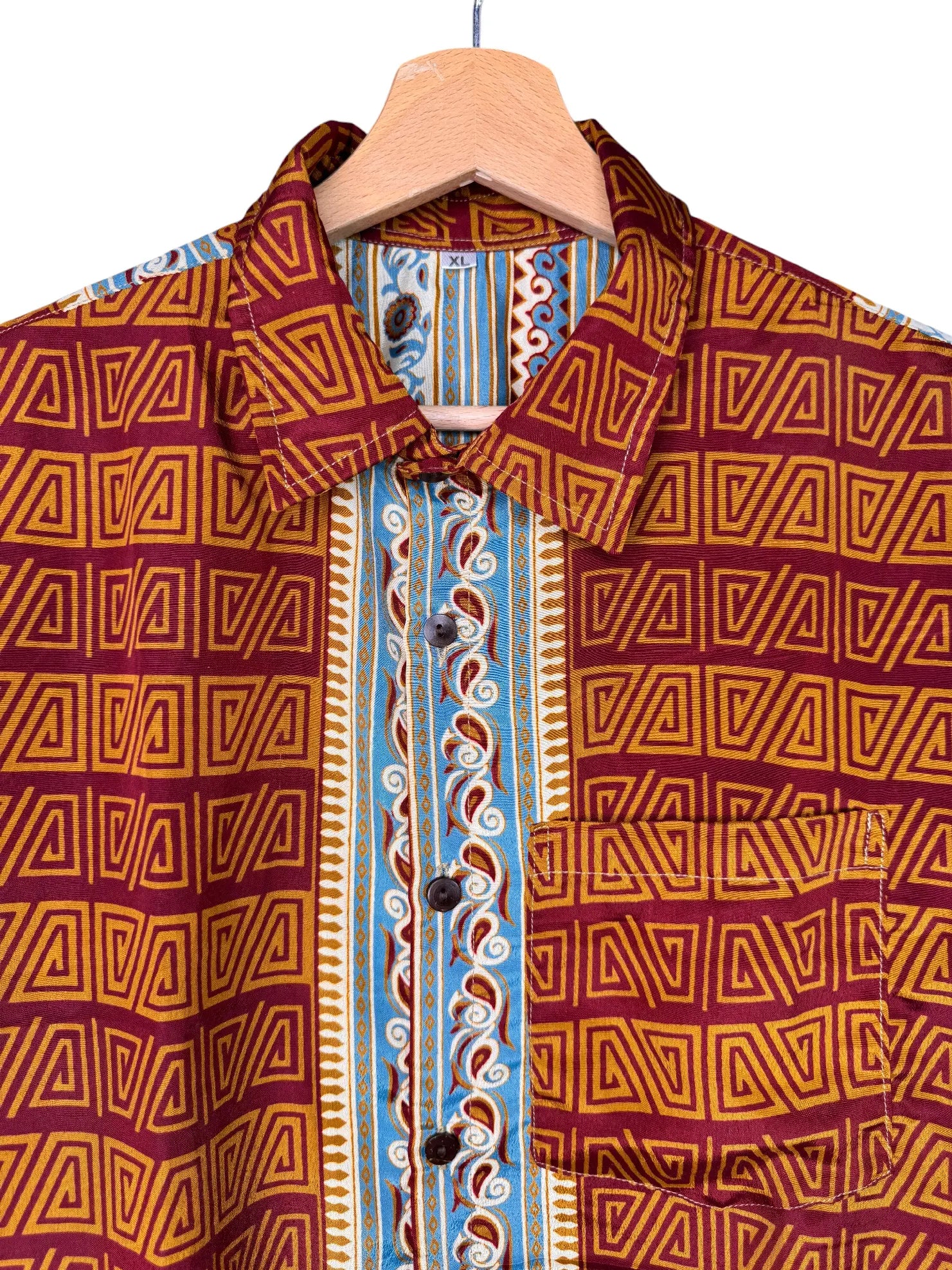 Camicia Sari Etnica Bordeaux Ocra Geometrica Tribale - Taglia XL