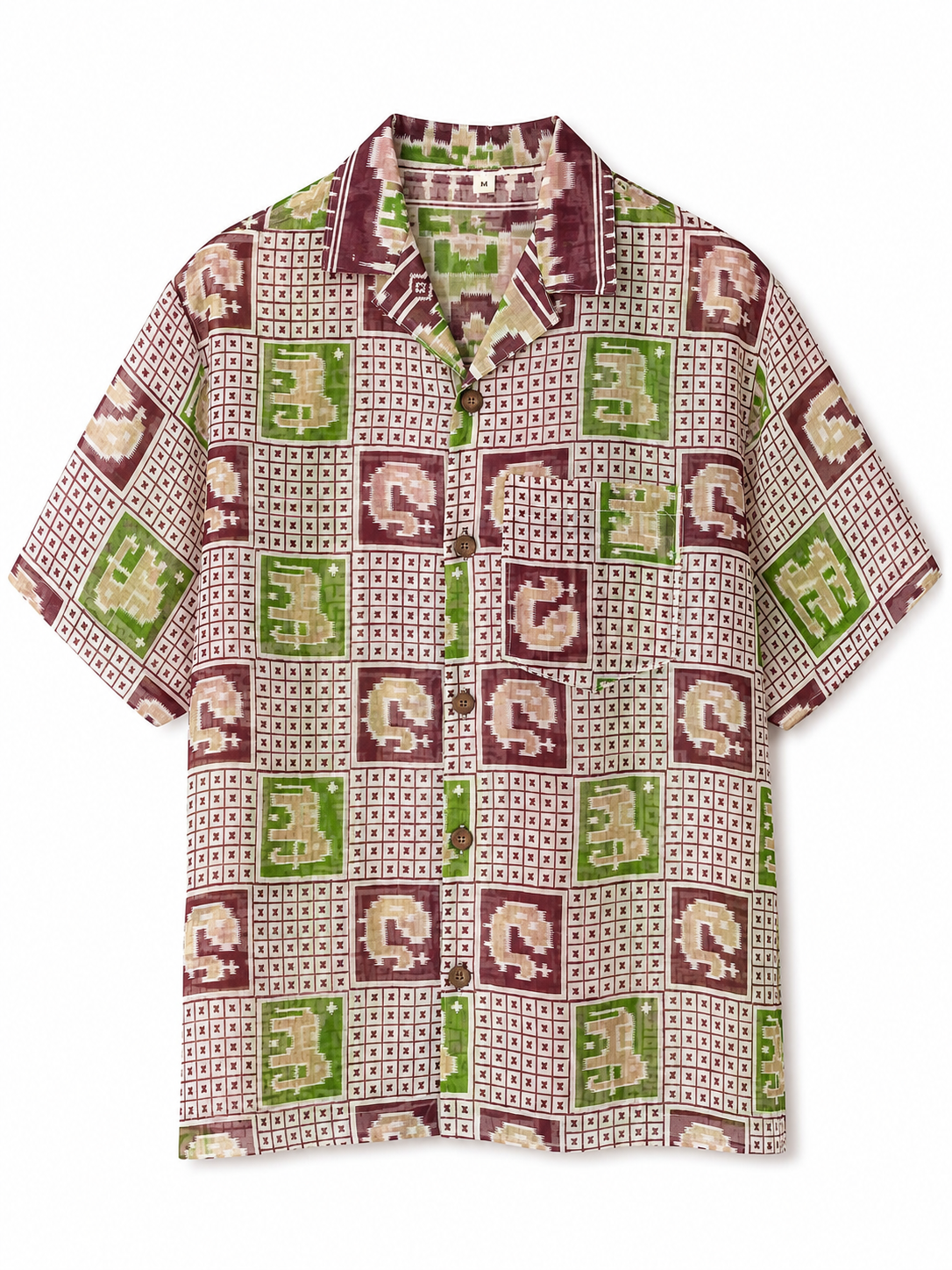 Camicia in Seta Sari Ikat Bordeaux Verde Elefanti Unisex - Taglia M