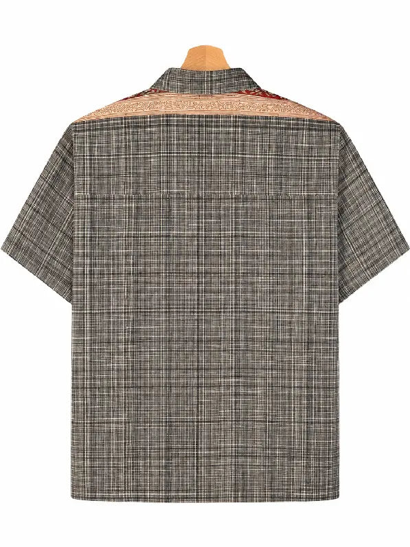 Camicia in Seta Sari Antracite con Banda Foglie Unisex - Taglia M