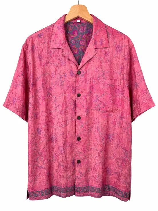 Camicia in Seta Sari Batik Floreale Fucsia Antracite Unisex - Taglia S